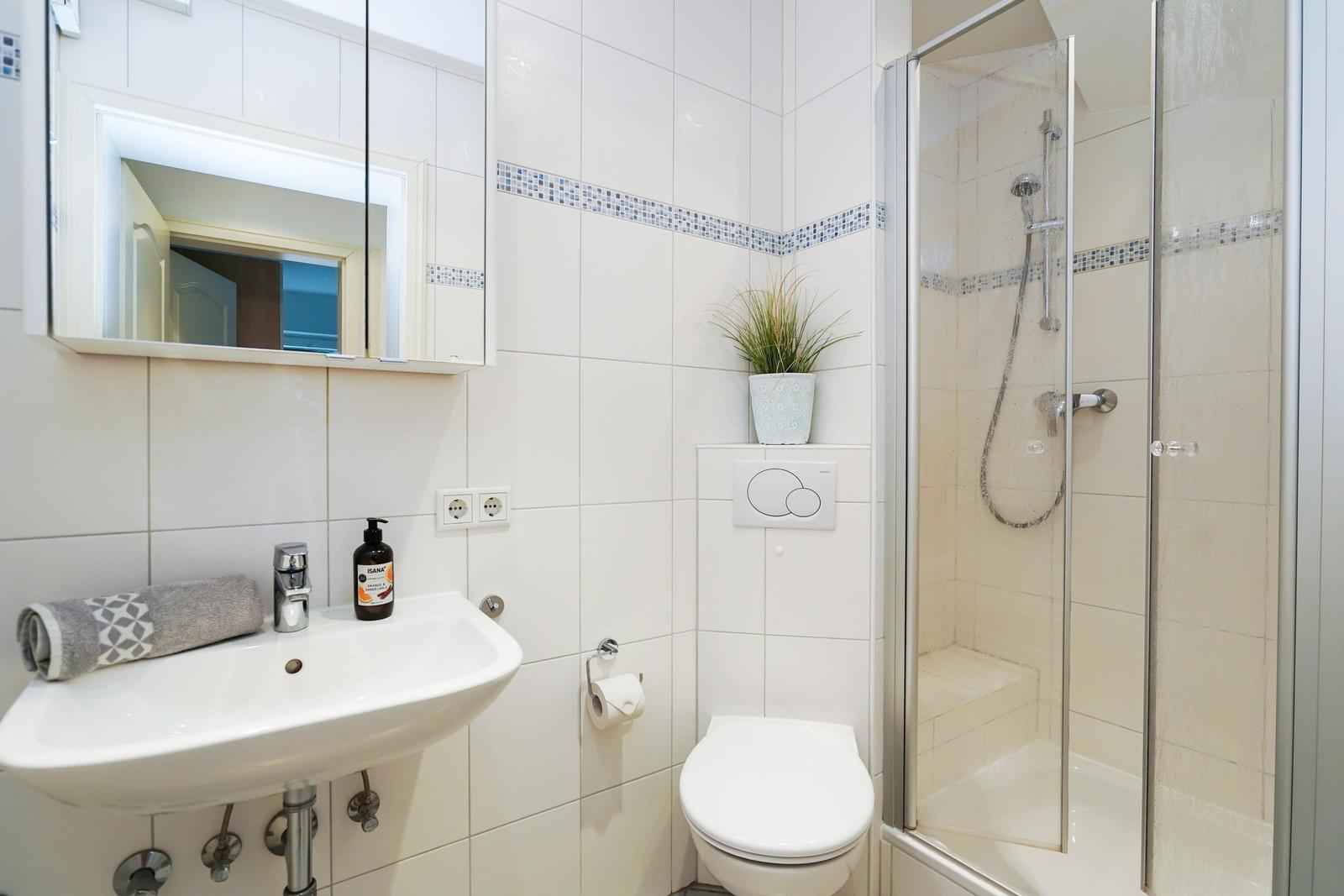 Badezimmer mit Dusche, Waschbecken und Toilette. Weiße Fliesen und Pflanze.