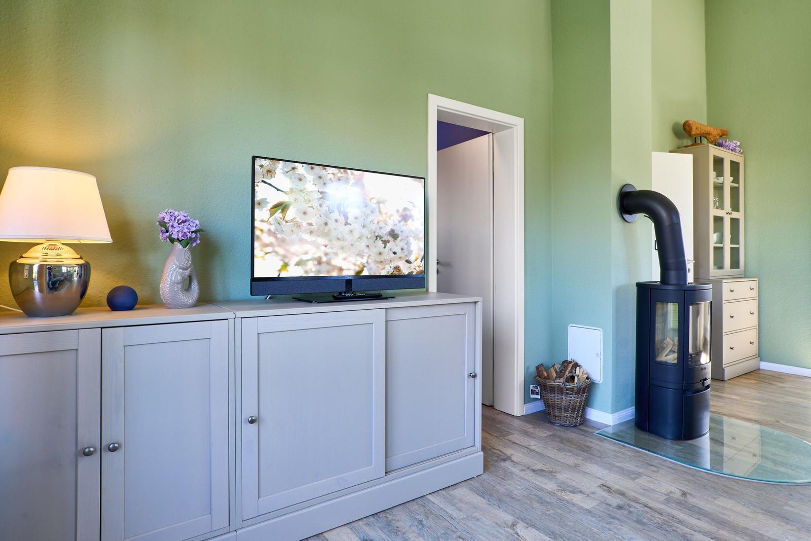 Ein Wohnzimmer mit Fernseher, Kaminofen und Holzoptikfußboden.