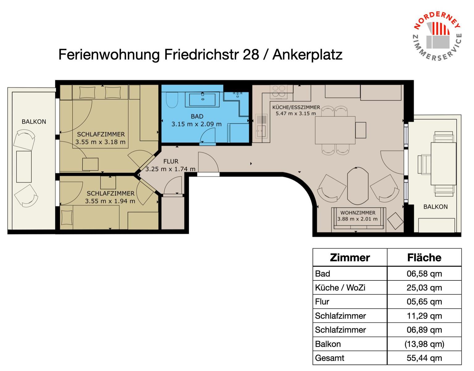 Ferienwohnung mit zwei Schlafzimmern, Küche, Bad und Balkon. Fläche 55,44 qm.