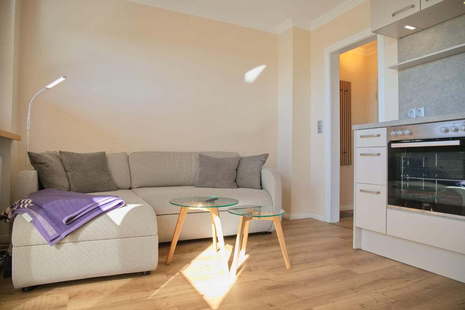 Wohnbereich mit Sofa, zwei Glas-Tischen und Küchenzeile mit Backofen.