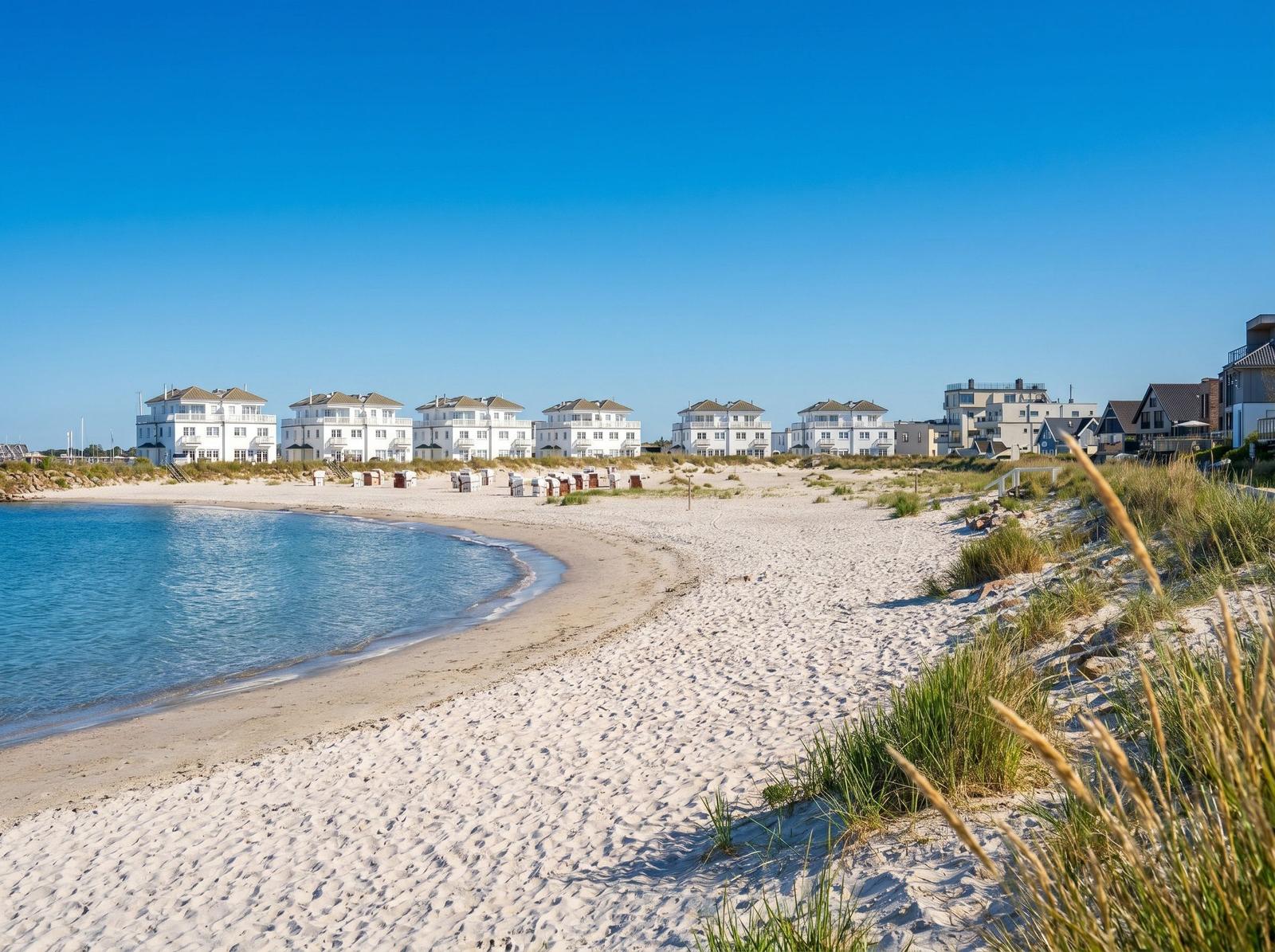 Strand mit weißen Häusern und Dünen im Hintergrund.