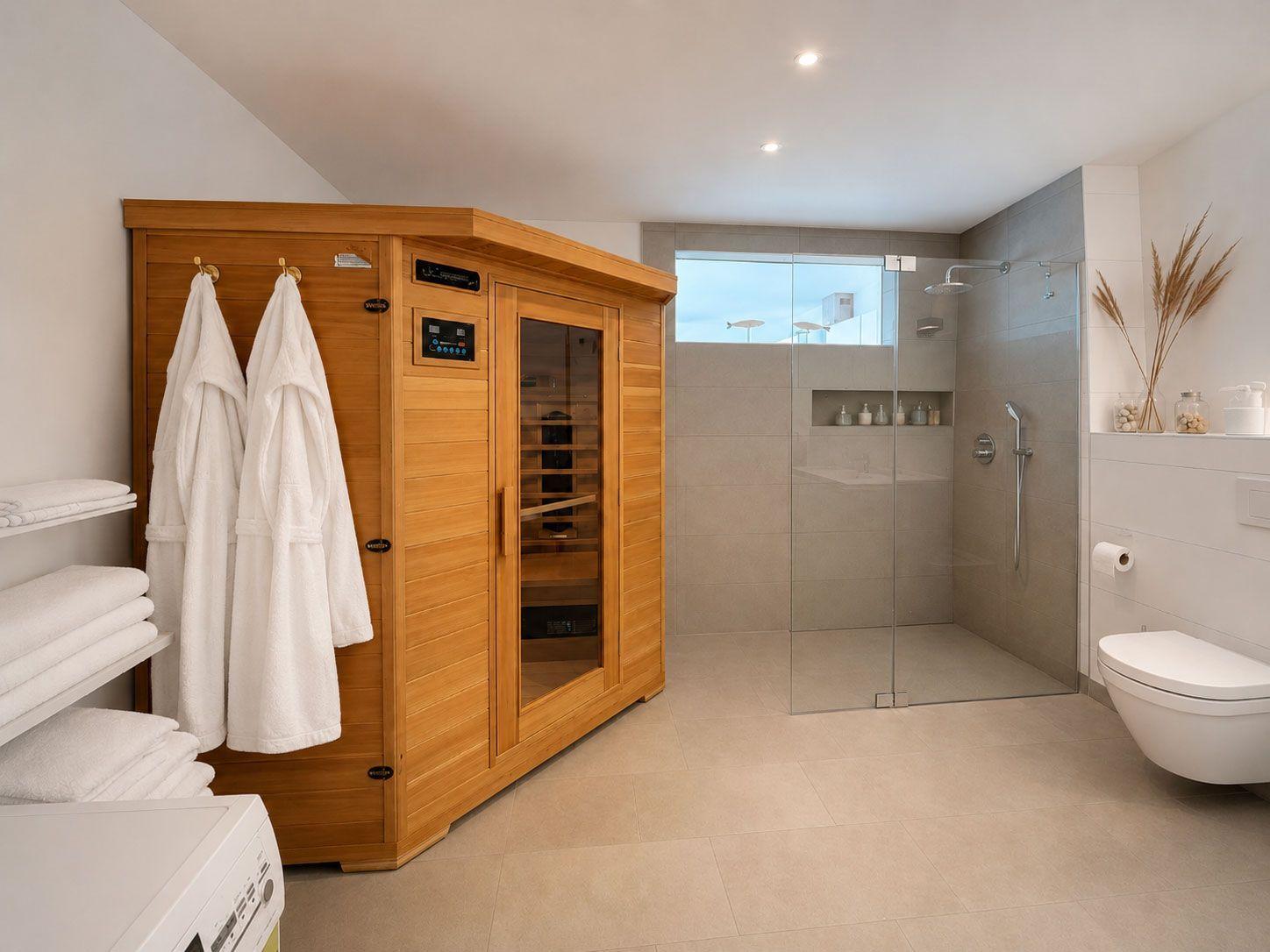 Dusche mit Glaswand, Sauna und Toilette in moderner Badezimmerausstattung.