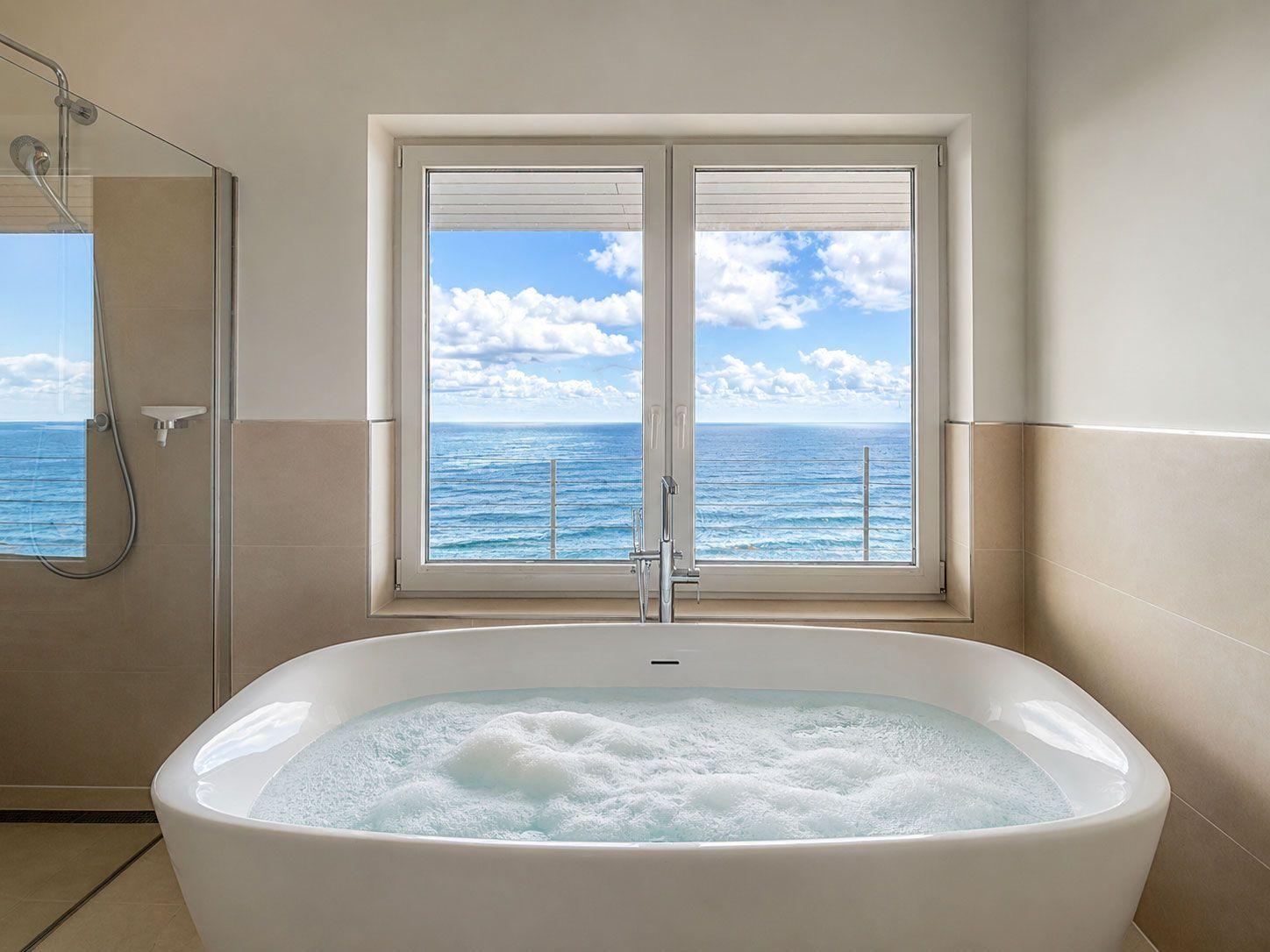 Bad mit Whirlpool und Meerblick durch große Fenster.