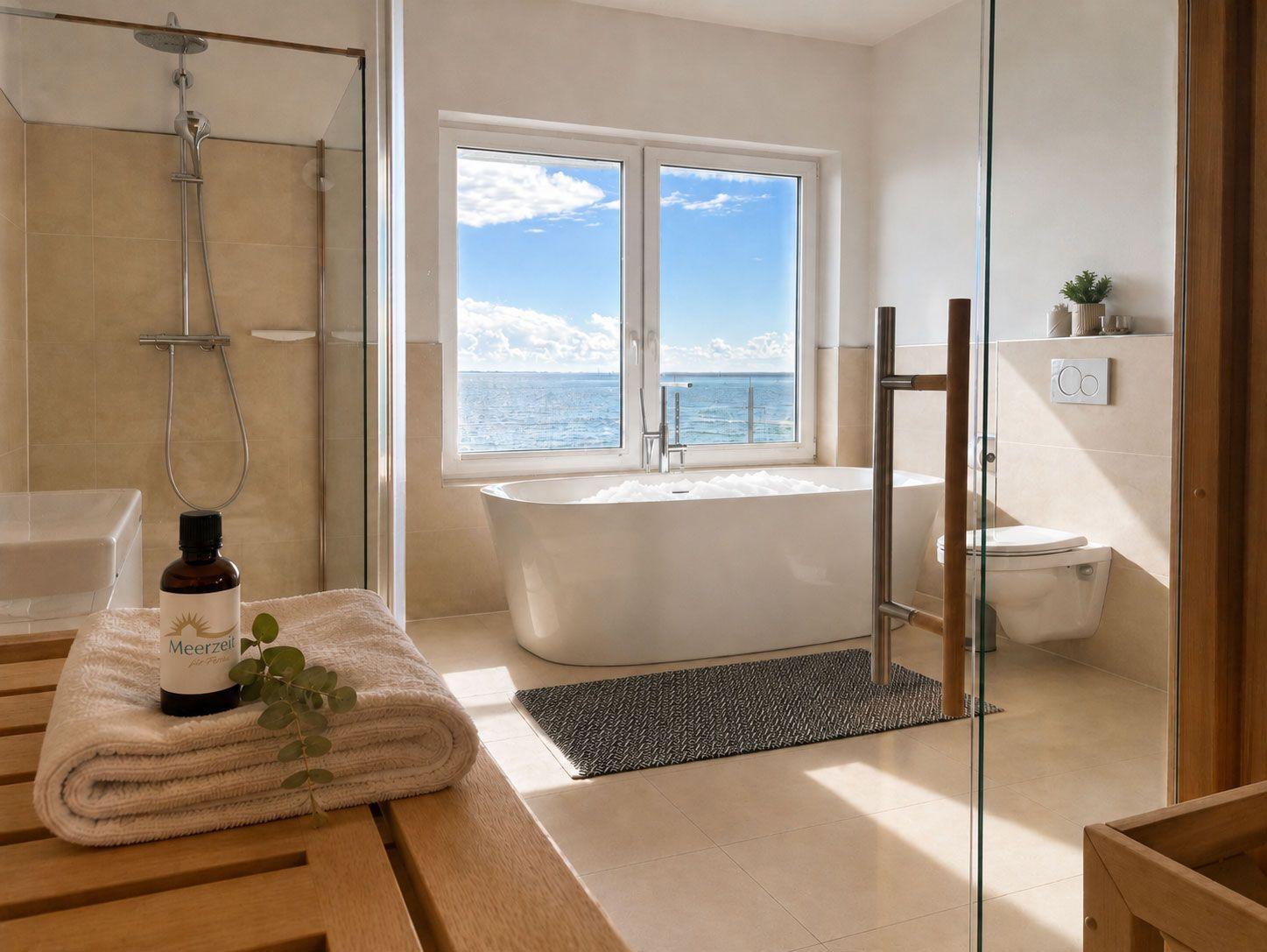 Bad mit freistehender Badewanne und Meerblick durch großes Fenster.