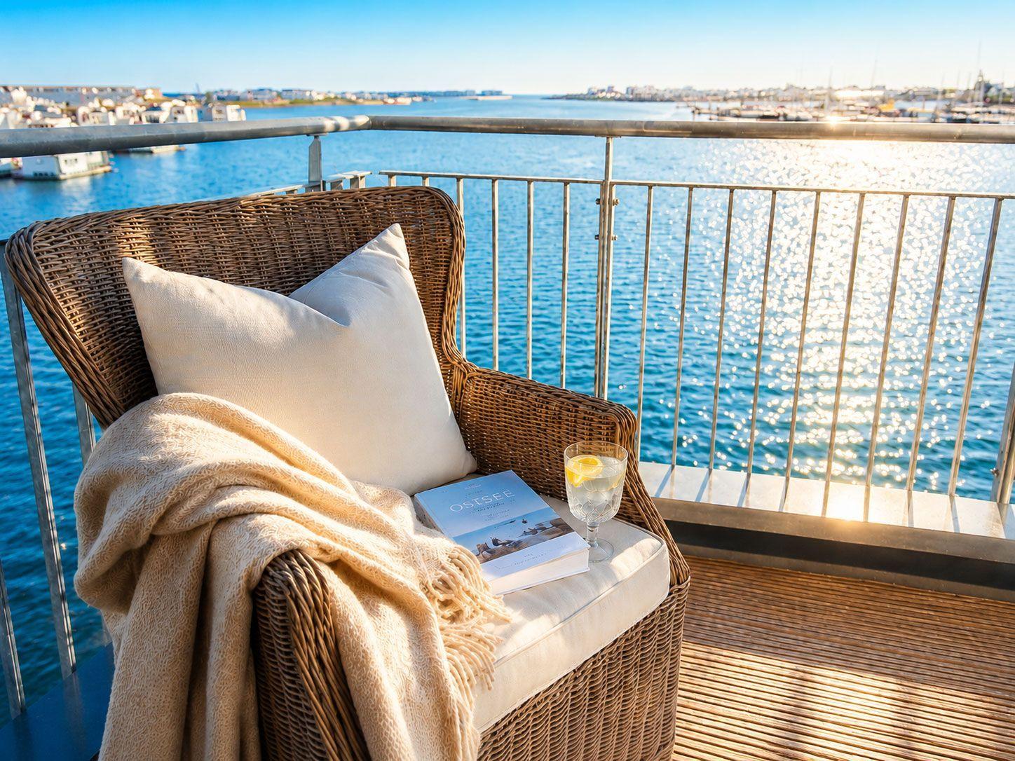 Terrasse mit Stuhl, Kissen, Decke, Buch und Glas an einem Hafen mit Blick auf Wasser und Stadt.