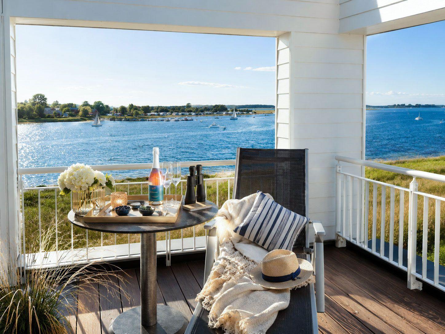 Terrasse mit Blick aufs Wasser, Tisch mit Getränken und Liegestuhl mit Decke.