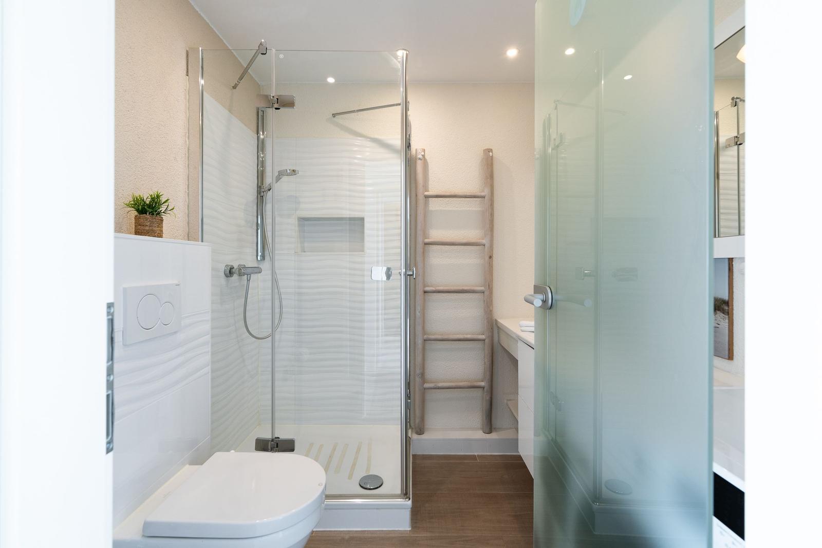 Dusche mit Glaswand, Toilette und Holzleiter an der Wand.
