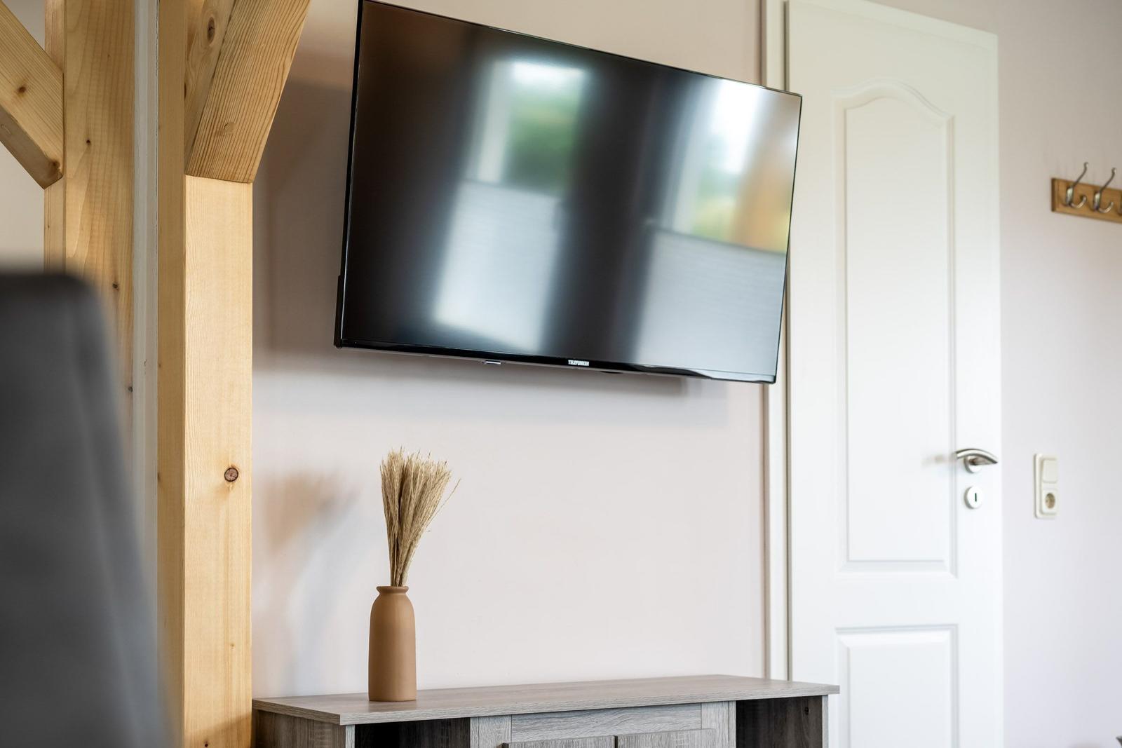 Flachbildfernseher an der Wand, daneben Tür und Holzpfosten.