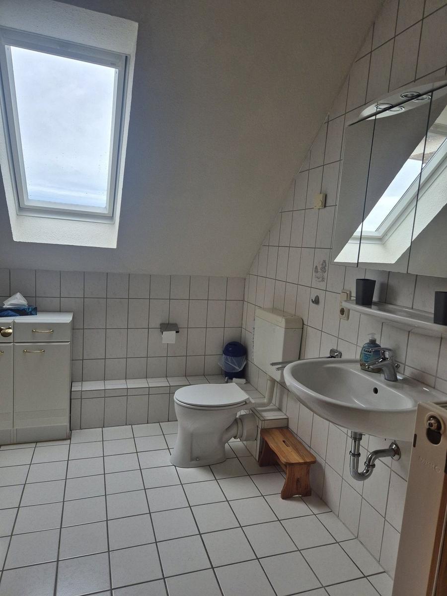 Badezimmer mit Toilette, Waschbecken und Dachfenster. Fliesenboden und -wände.