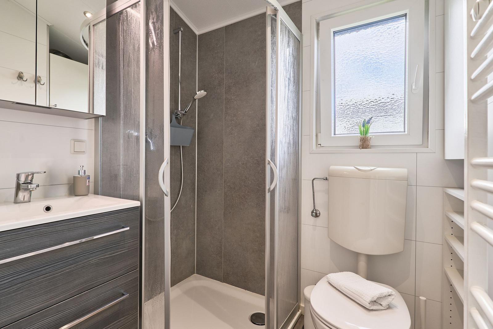 Badezimmer mit Dusche, Waschbecken und Toilette. Fenster mit Pflanze.