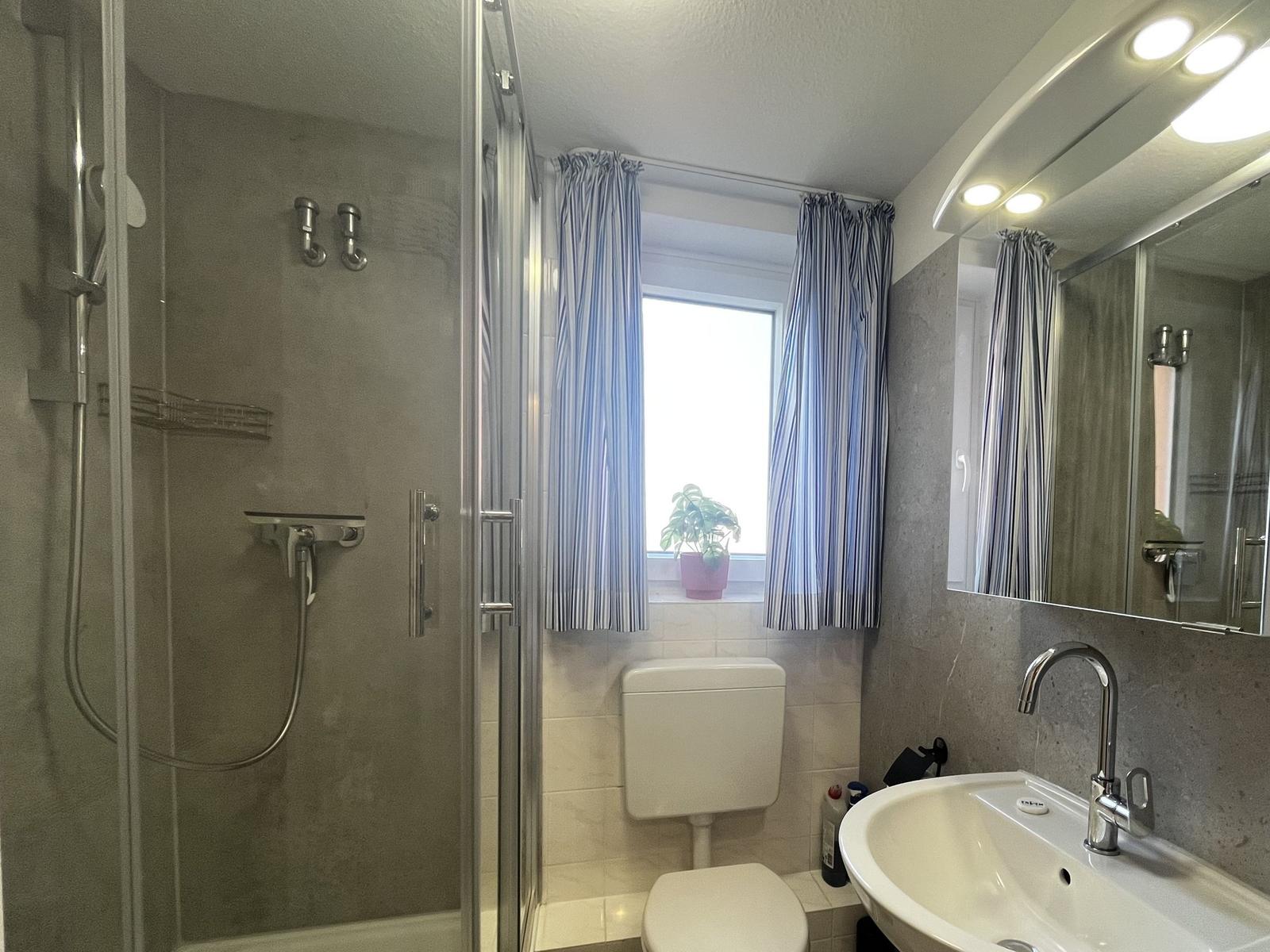 Badezimmer mit Dusche, Waschbecken und Toilette. Fenster mit Vorhängen und Pflanze.