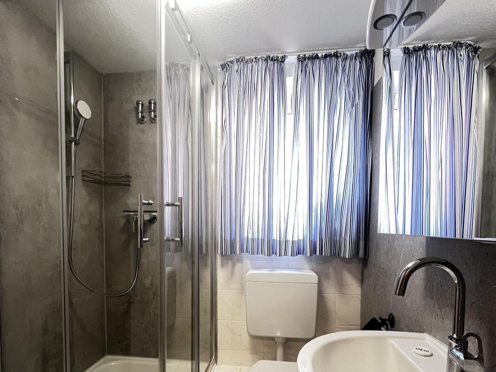 Badezimmer mit Dusche, WC und Waschbecken. Fenster mit Streifenstore.