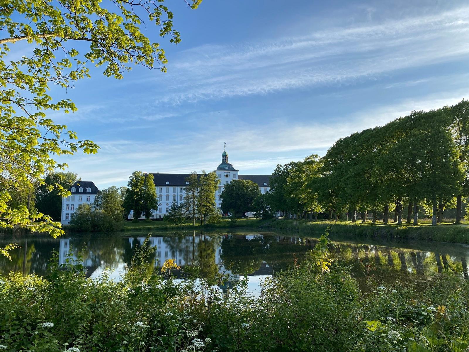 Schloss mit Turm spiegelt sich im Teich. Grüne Bäume und Sträucher umgeben das Wasser.
