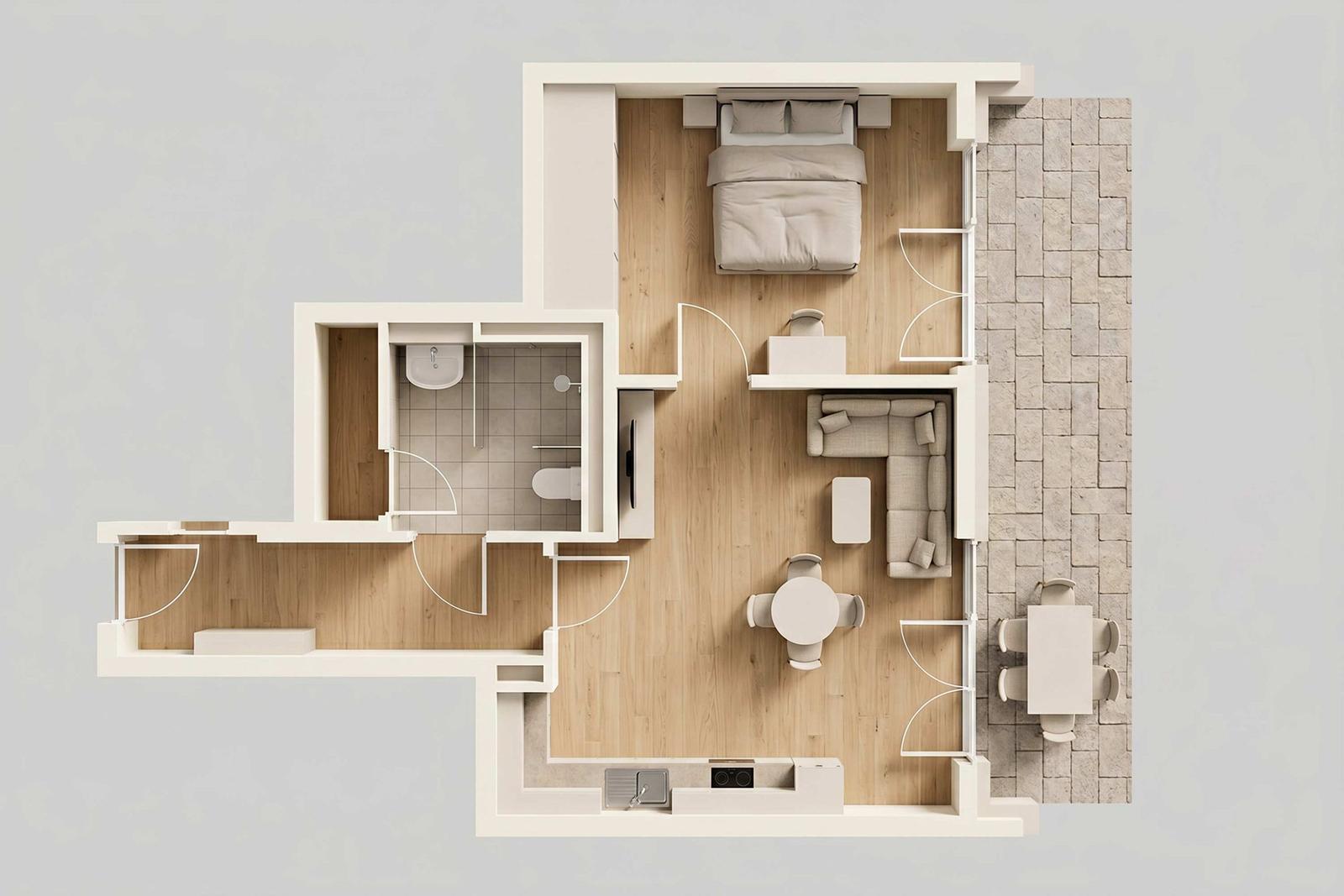 Ein 3-Zimmer-Apartment mit Küche, Bad und Terrasse.