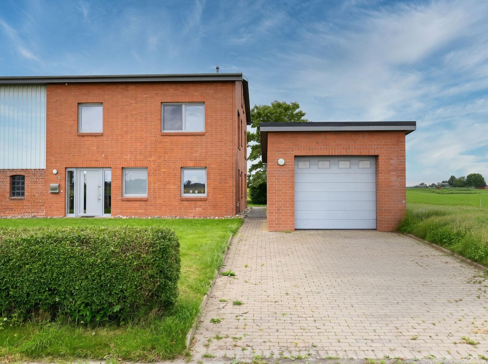 Zweistöckiges Haus mit Garagenanbau und gepflasterter Zugang