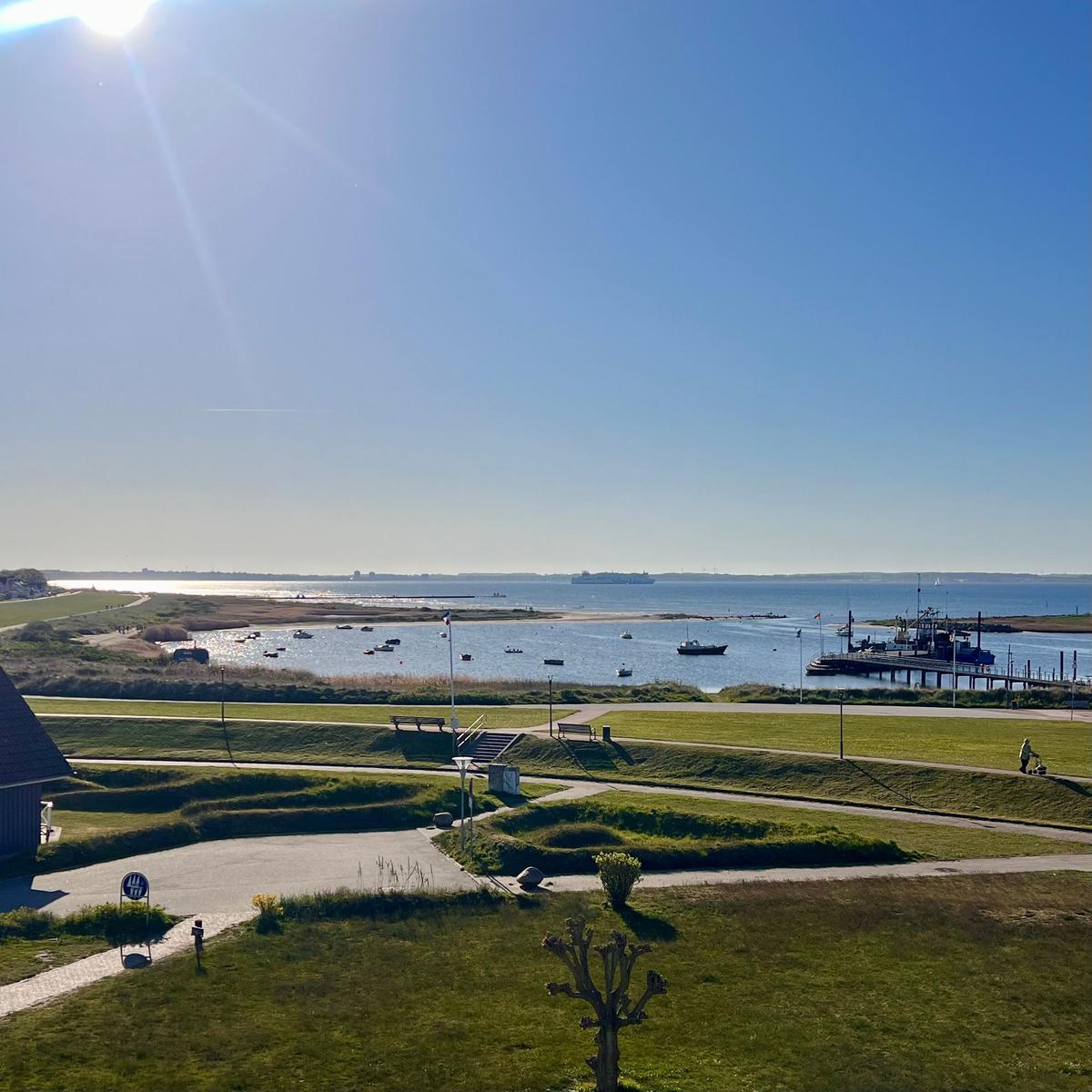 Weitläufiger Blick auf Hafen mit Booten und grünen Wiesen unter blauem Himmel.