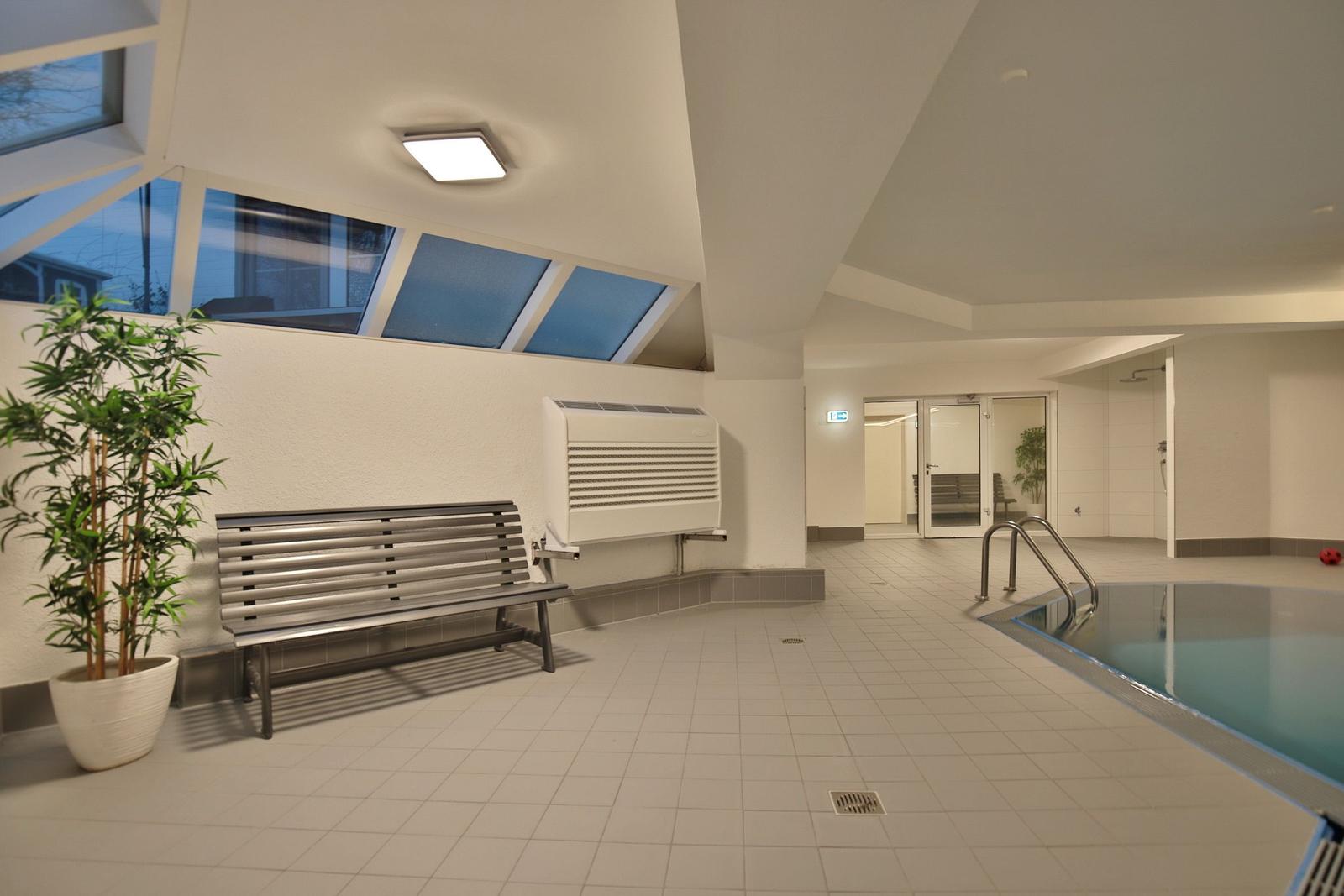 Innenpool mit Sitzbank, Pflanze und Dachfenstern. Hintergrund: Dusche und Tür.