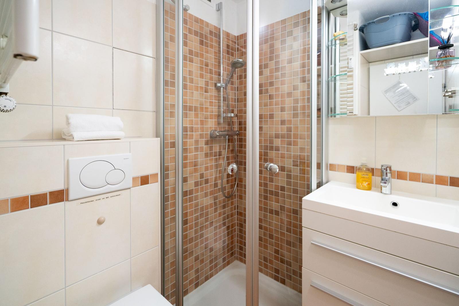 Bad mit Dusche, Waschbecken und Toilette. Fliesenwand und Spiegel sichtbar.