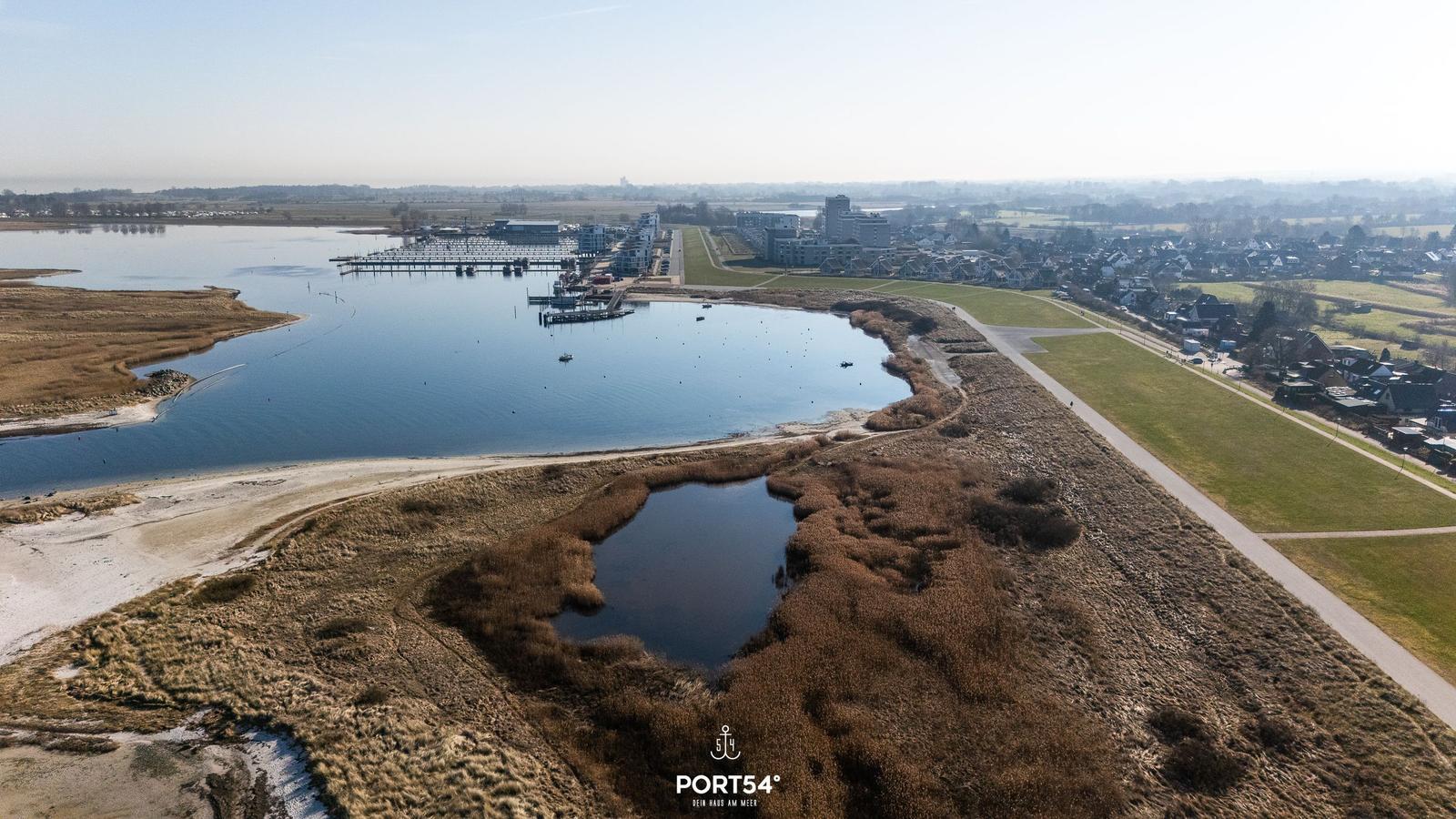 Aerial view of a waterfront with docks, residential buildings, and natural wetlands.
