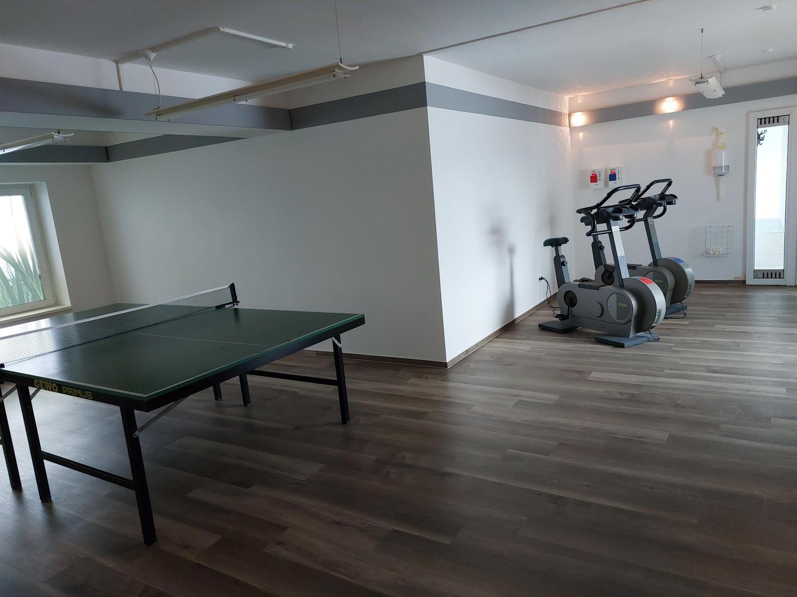 Fitnessraum mit Tischtennisplatte und zwei Rudergeräten auf Holzboden.