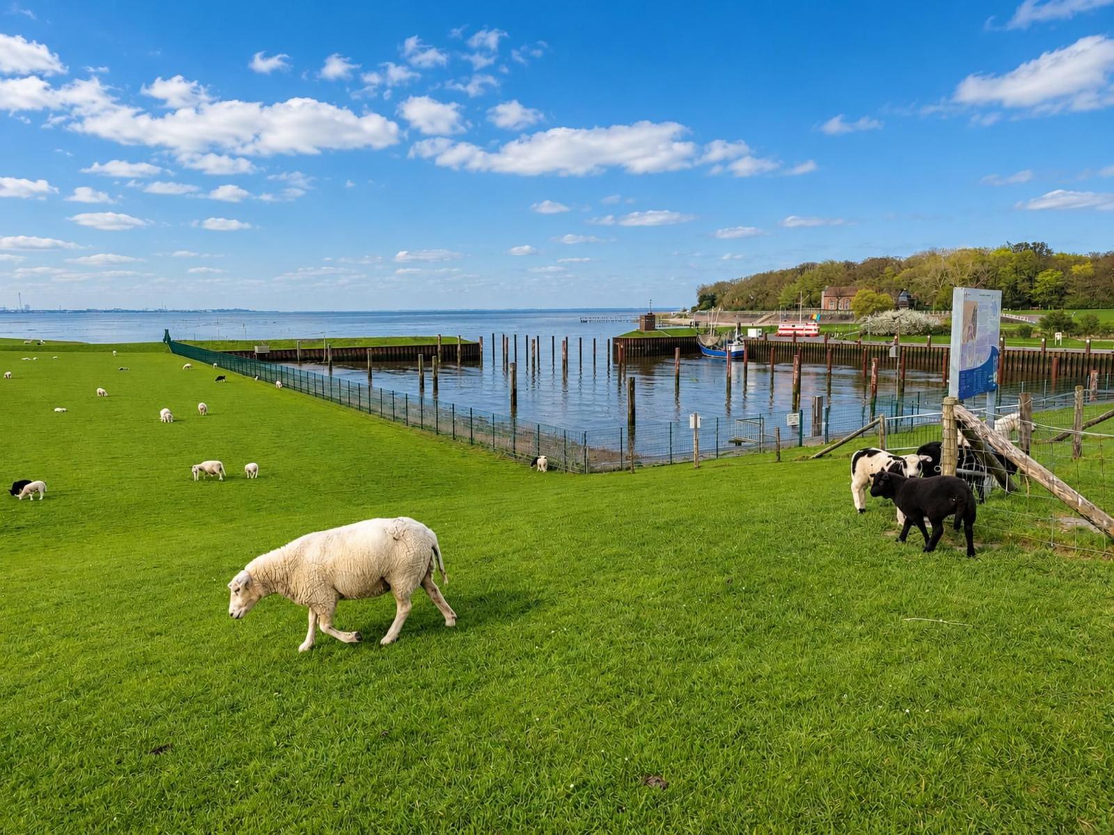 Grünland mit Schafen und Kühen neben Wasser und Hafenbecken.