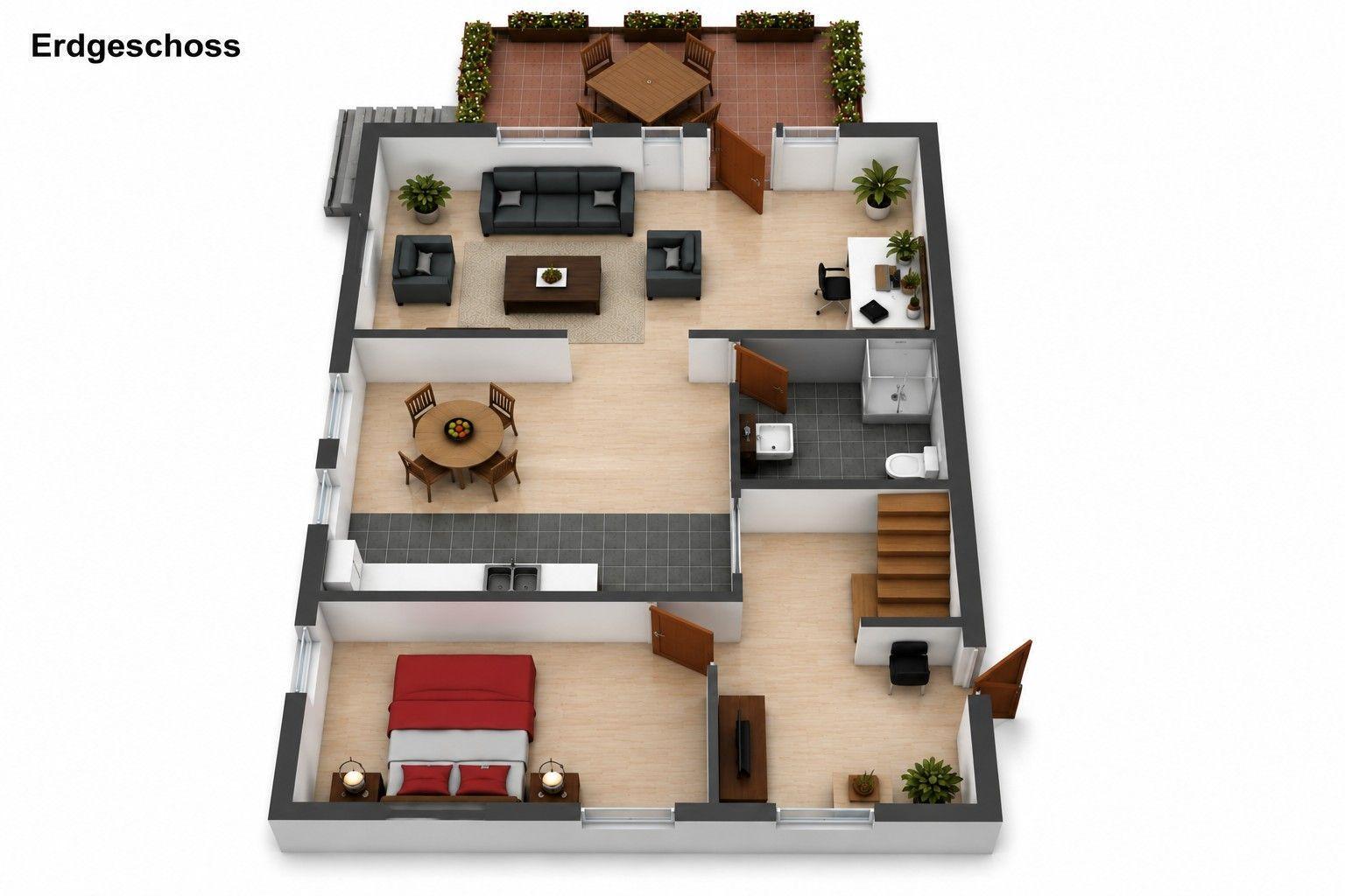 Erdgeschoss mit Wohnbereich, Küche, Schlafzimmer und Balkon.