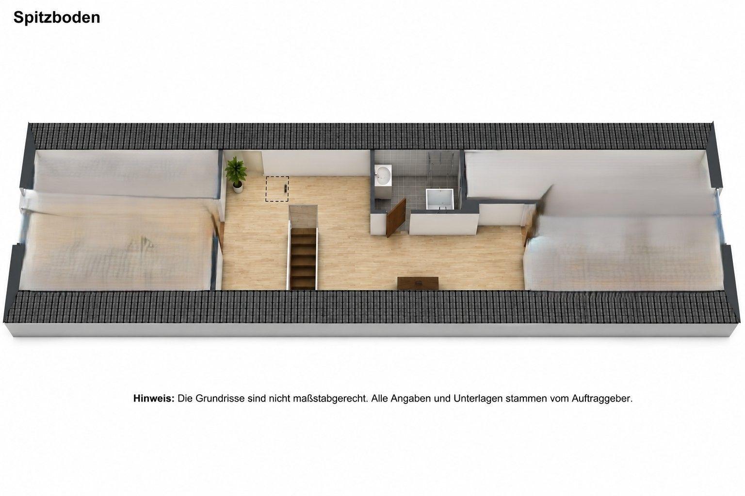 Spitzboden mit zwei Schlafzimmern, Bad und Wohnbereich mit Holzboden.