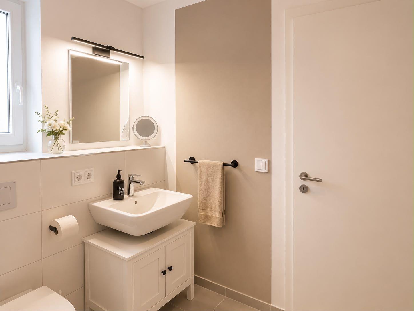 Badezimmer mit Waschbecken, Spiegel und Handtuchhalter. Fenster und Toilette sind sichtbar.