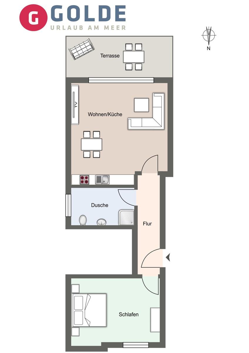 Wohnung mit Terrasse, Wohnküche, Schlafzimmer und Dusche.