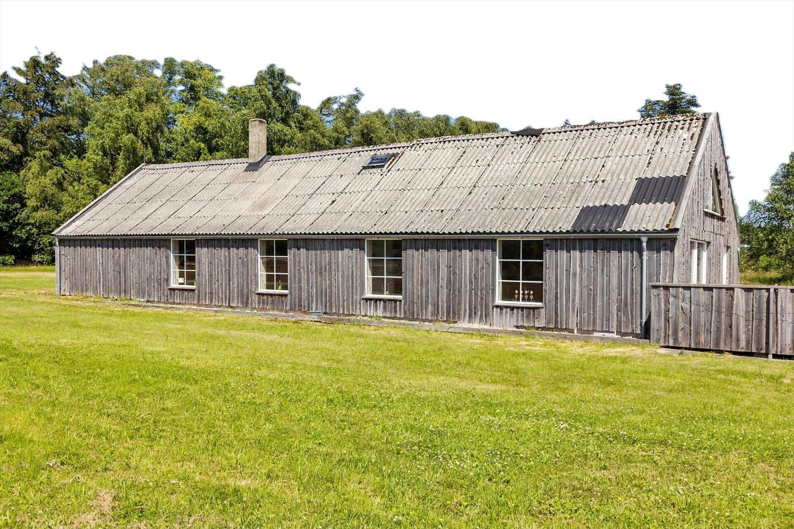 Holzhaus mit Wellblechdach und mehreren Fenstern in grüner Umgebung