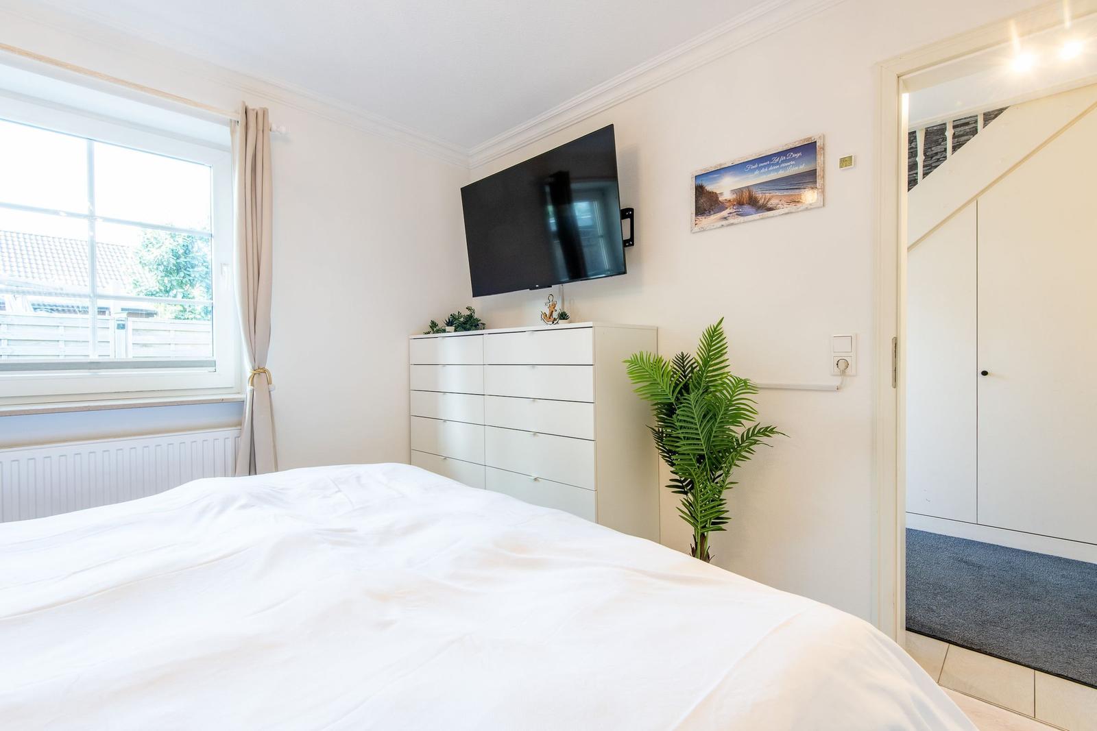 Schlafzimmer mit Bett, TV und Pflanze. Fenster und Schrank sind sichtbar.