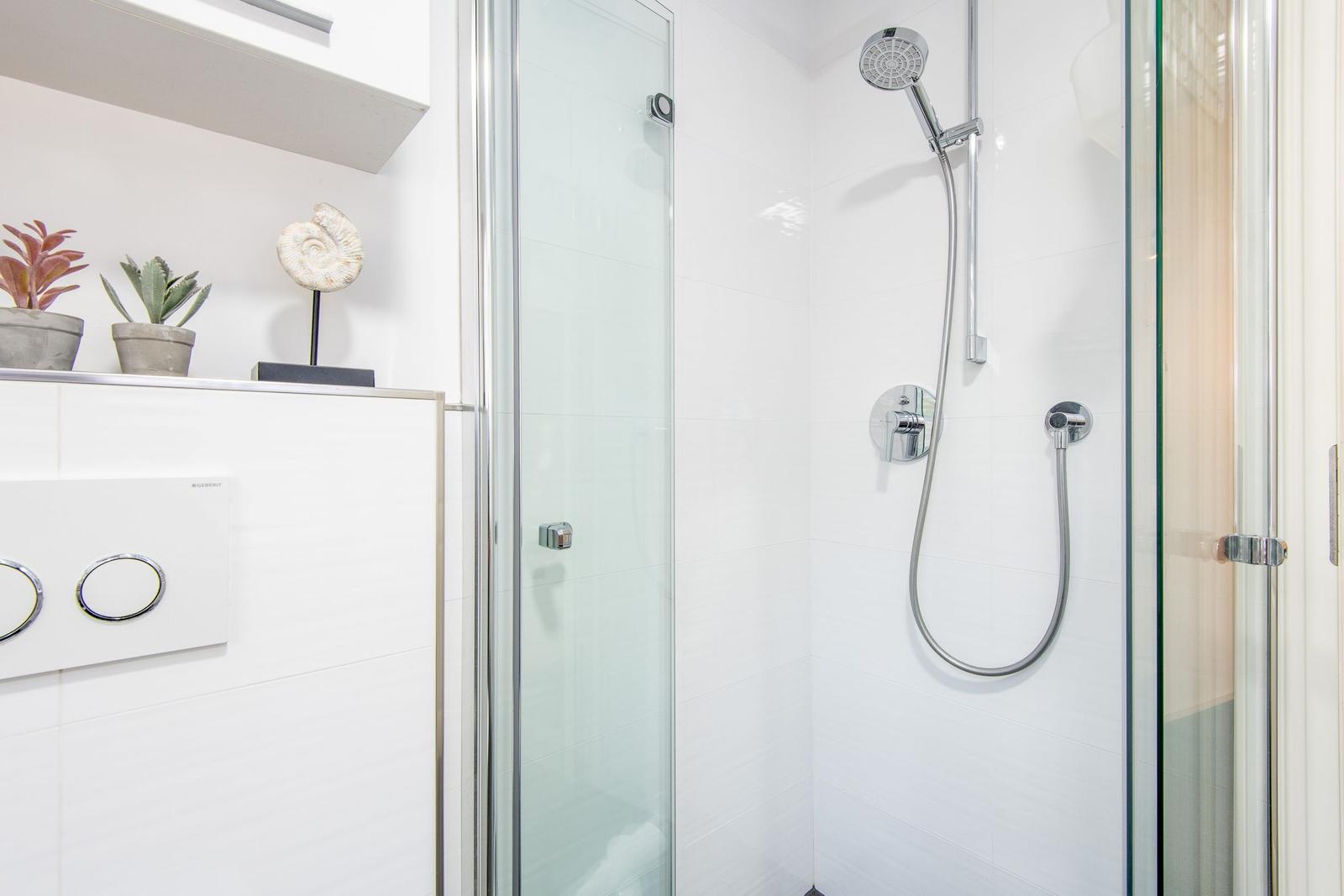 Dusche mit Glaswand, Duschbrause und Toilettenkasten mit Pflanzen und Muscheldekoration.