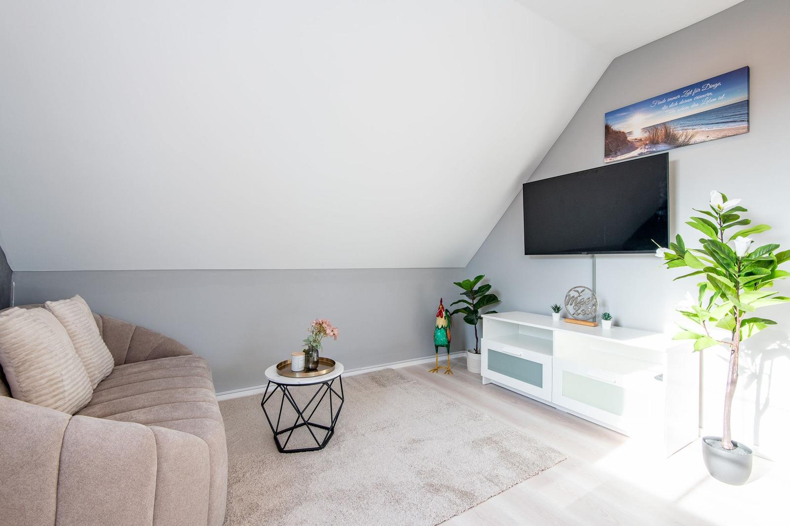 Wohnzimmer mit Sofa, Fernseher und Pflanzen unter schrägem Dach