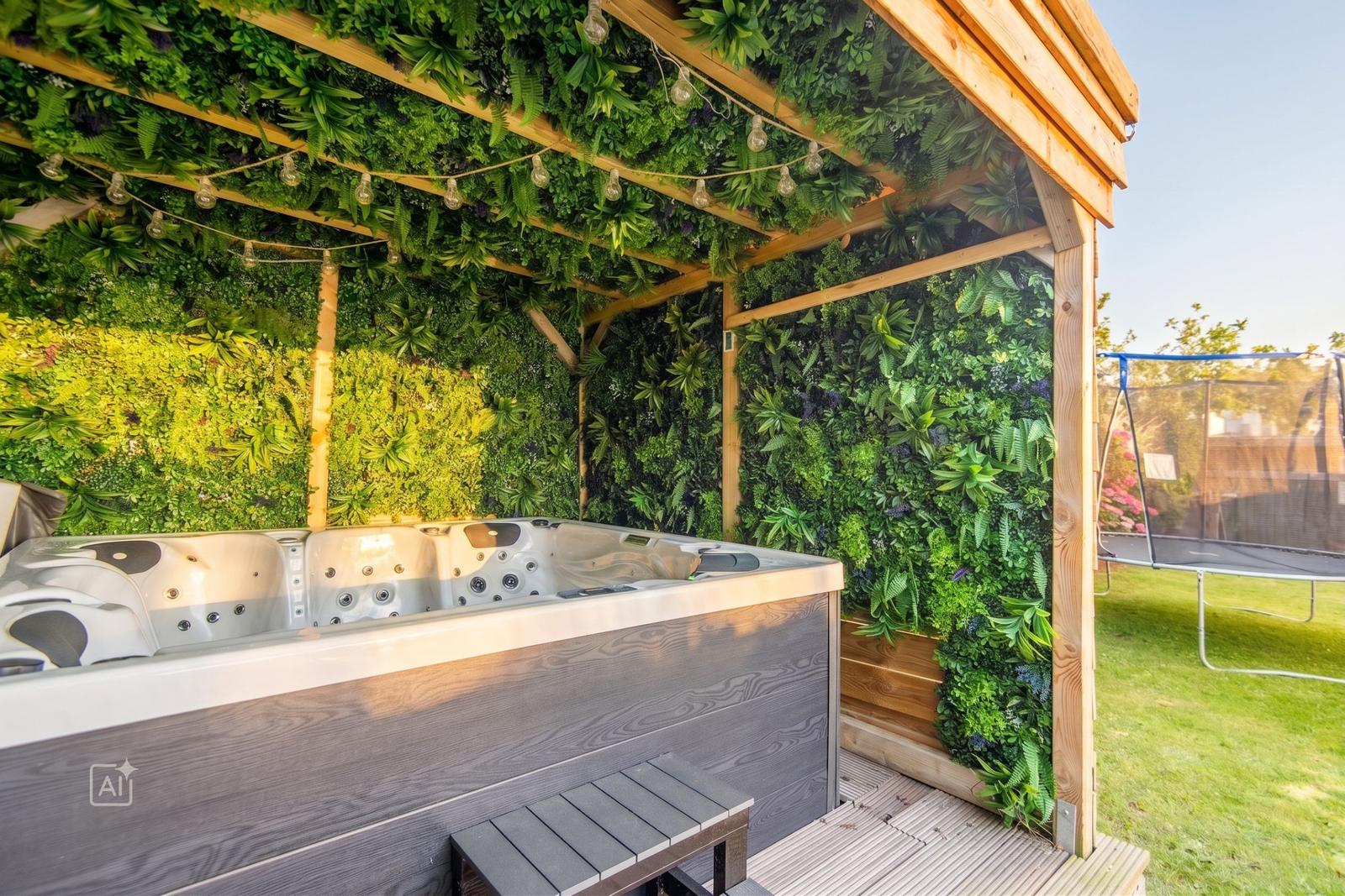 Ein Whirlpool unter einem grünen Pergola-Dach mit Lichterkette und Holzverkleidung.