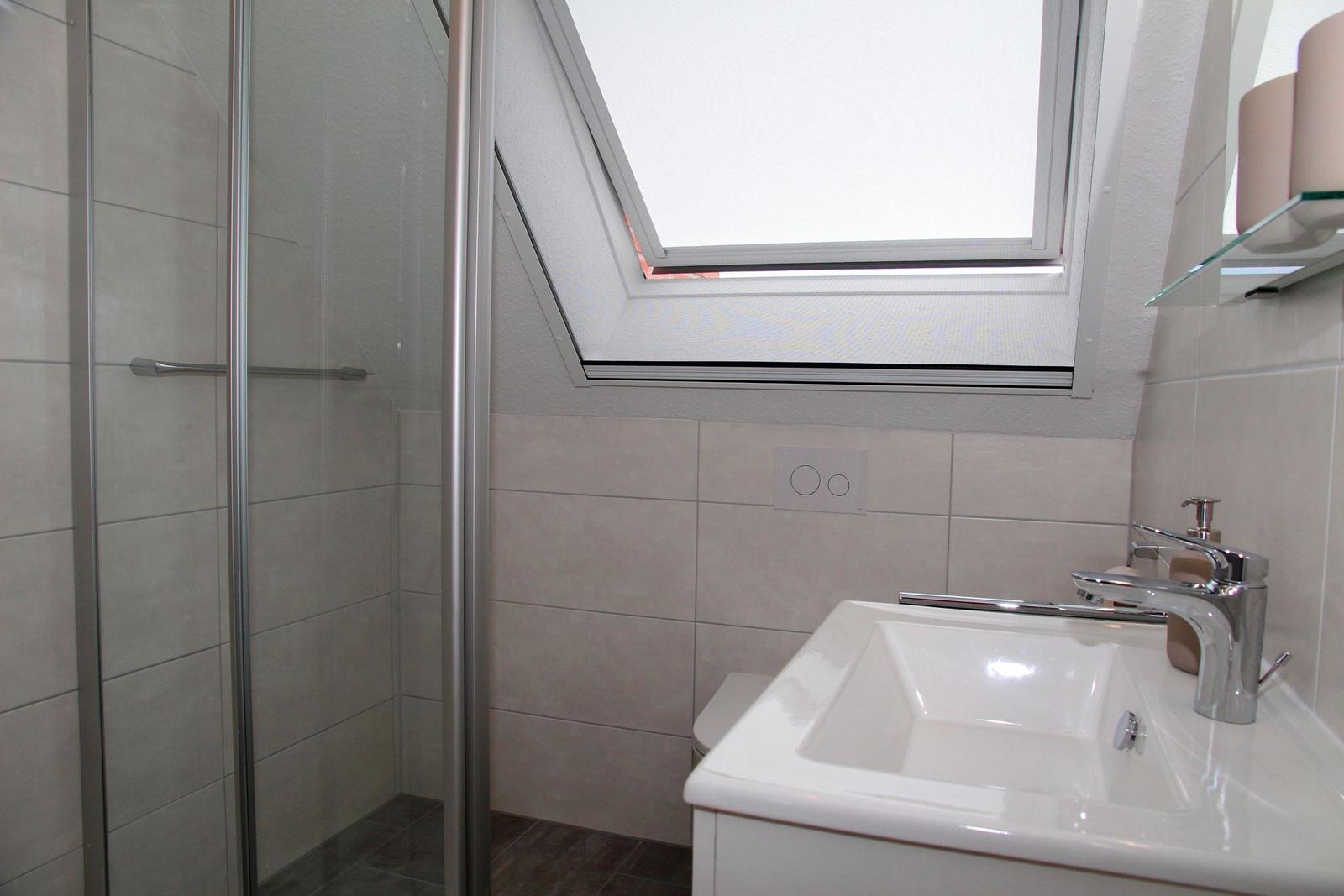 Badezimmer mit Dusche, Waschbecken und Dachfenster.