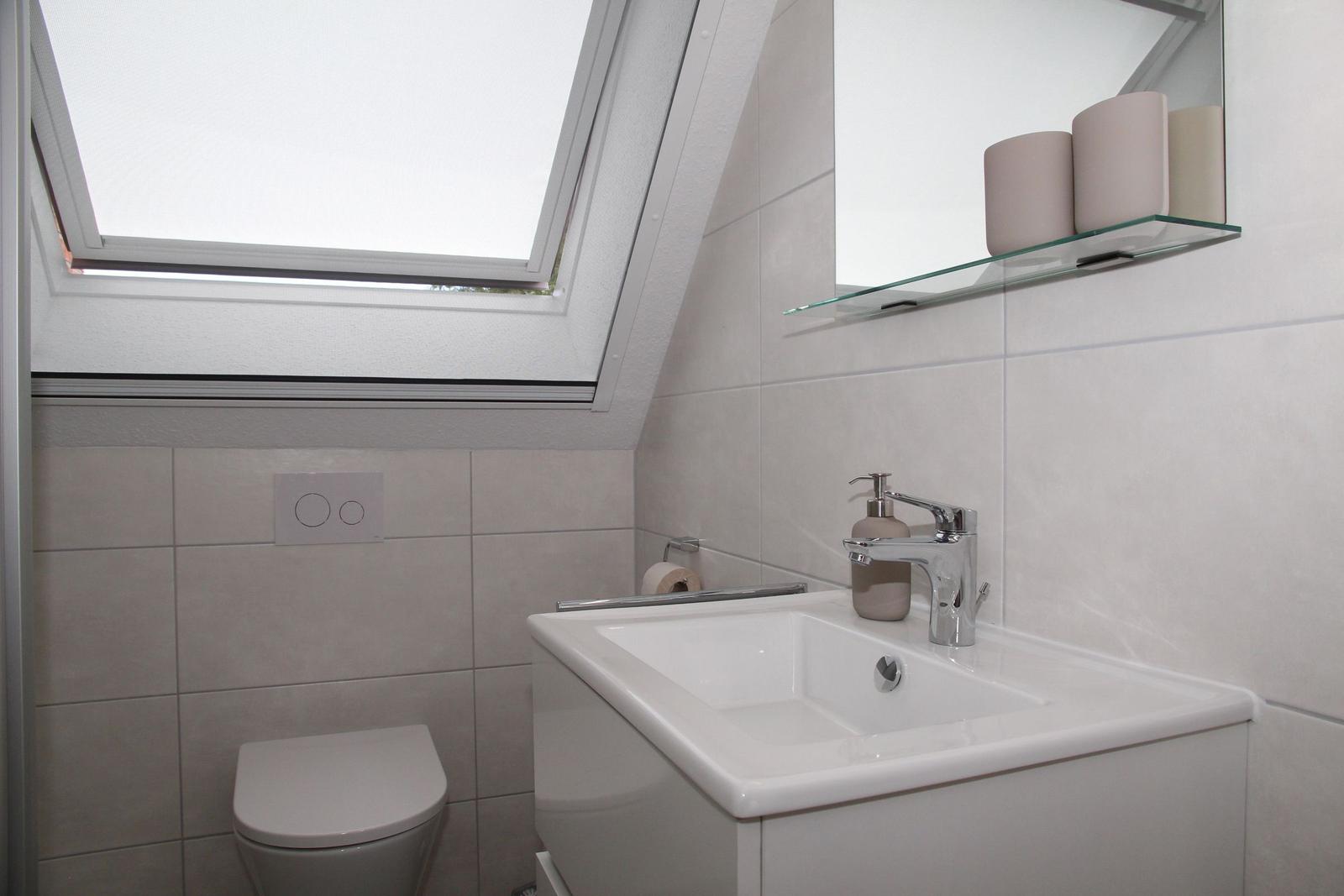 Badezimmer mit Waschbecken, Toilette und Dachfenster. Glasregal mit Toilettenpapier.