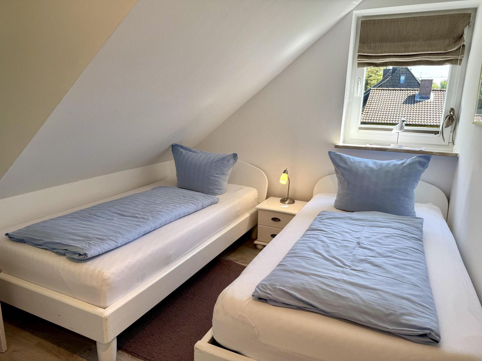 Two single beds with blue pillows and bedding. Window with view of roof tiles.