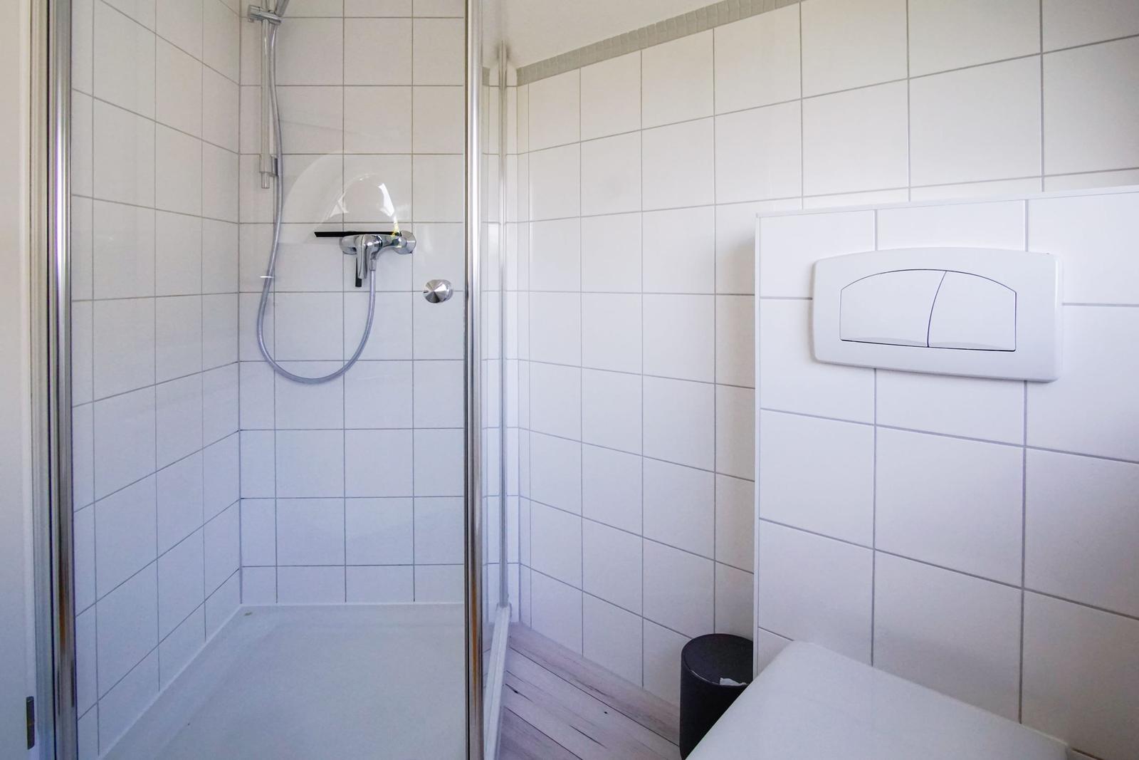 Dusche mit Duschbrause und Toilette in weißer Fliesenwand.