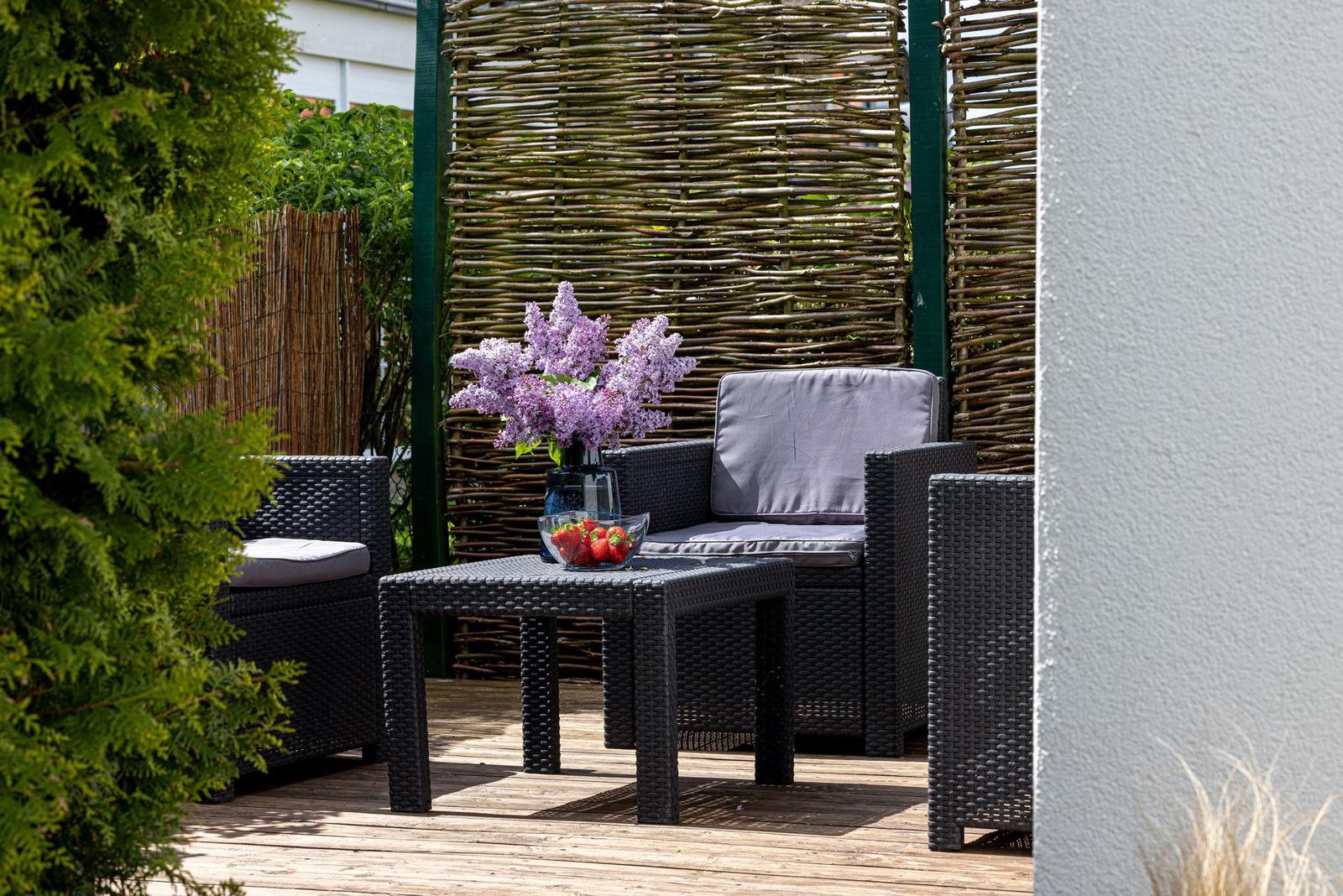 Terrasse mit zwei Sitzgelegenheiten, Tisch, Blumen und Beeren.