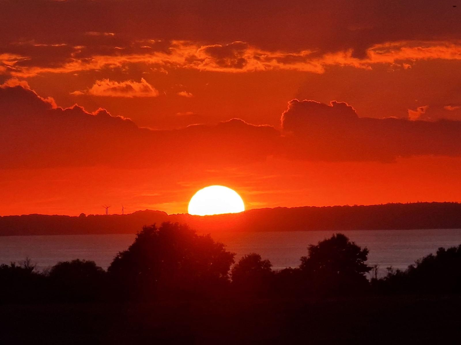Sonnenuntergang über See mit Wolken und Bäumen im Vordergrund.