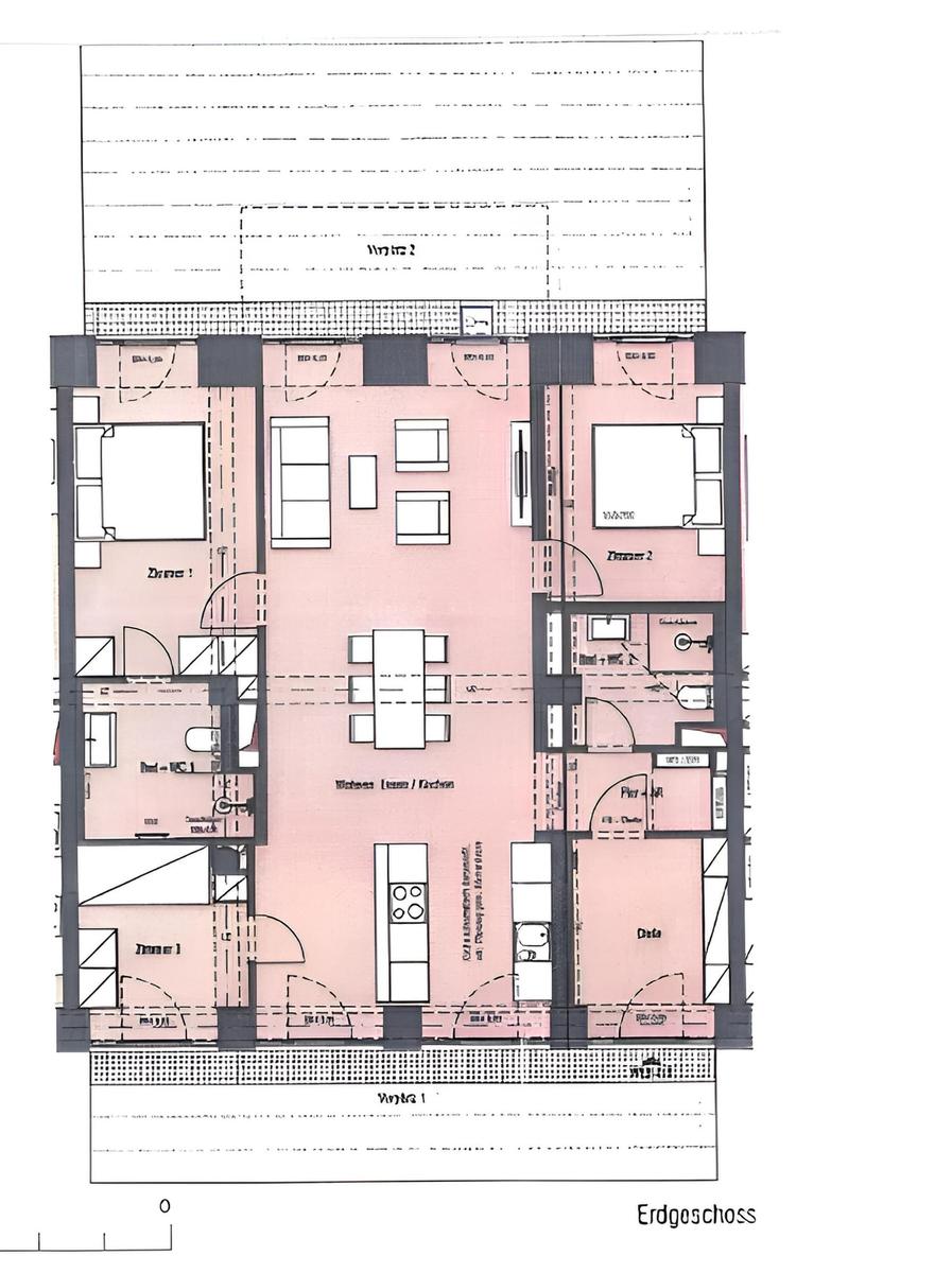 Erdgeschoss-Plan mit Wohnbereich, Küche und Schlafzimmern.