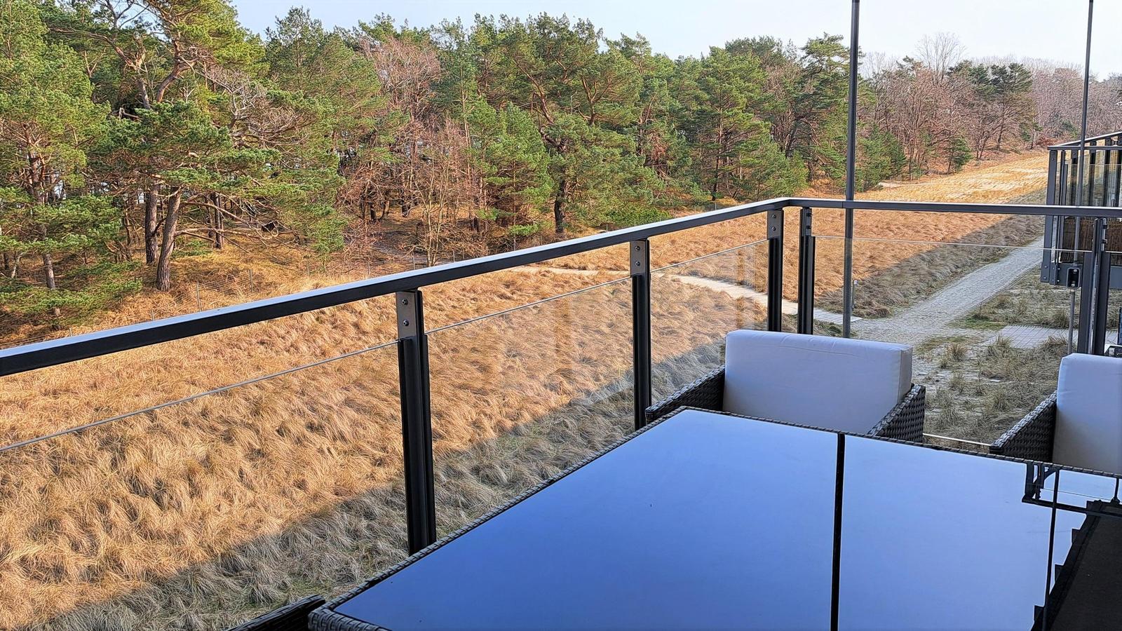 Terrace with table and chairs, view of forest and grassy area.