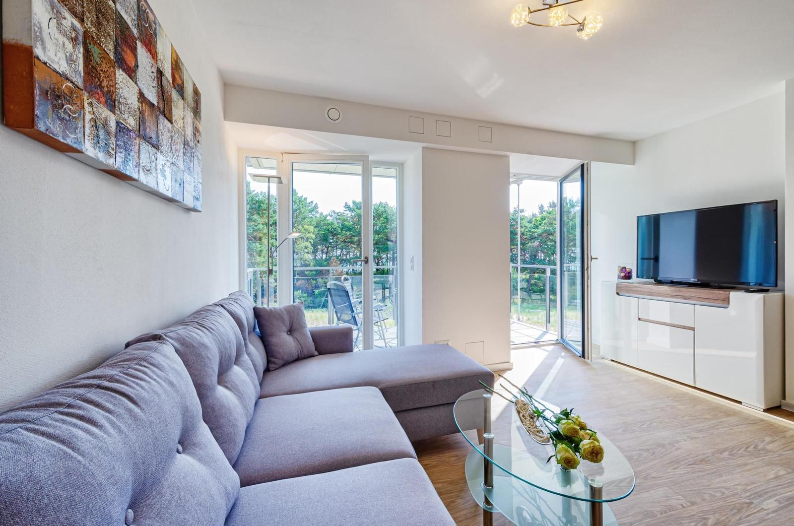 Wohn/Essbereich: Schlafsofa 160x200, TV, Zugang zum Balkon
