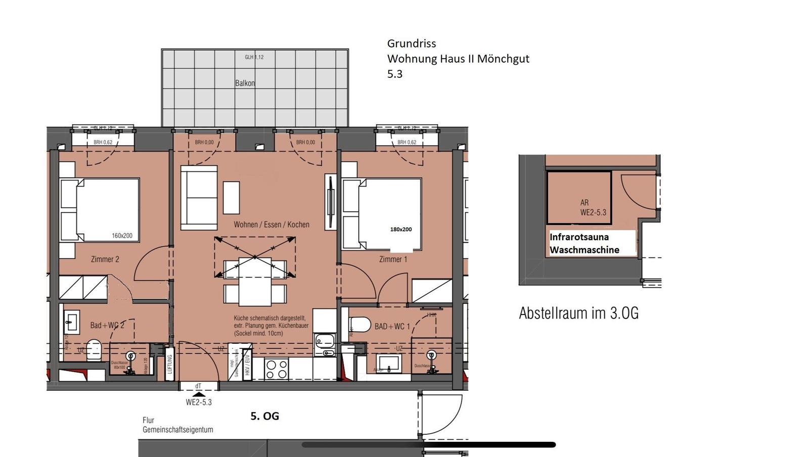 Grundriss der Wohnung mit zwei Schlafzimmern, Wohnbereich, Küche und Badezimmer.