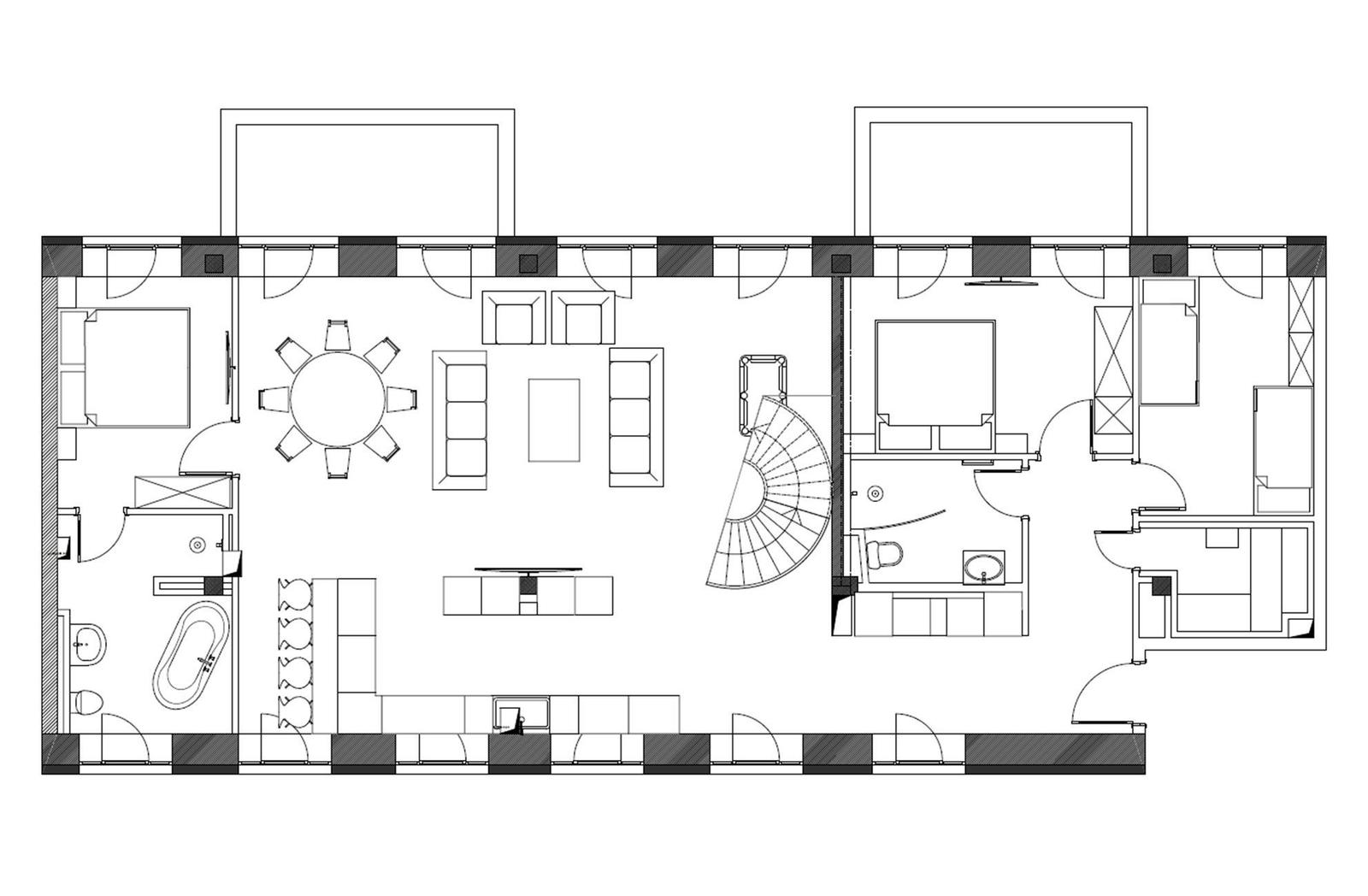 Dieses Grundrissbild zeigt eine Wohnung mit Essbereich, Wohnzimmer, Schlafzimmer und Bad.