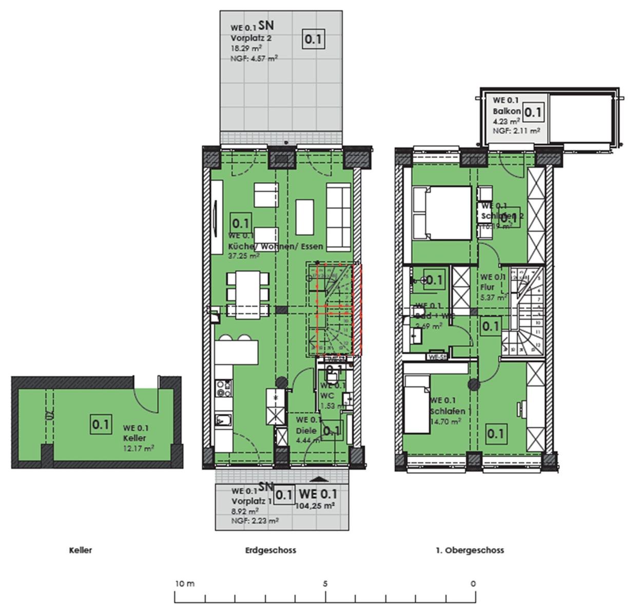 Grundriss einer Wohnung mit Küche, Schlafzimmer, Bad und Balkon.
