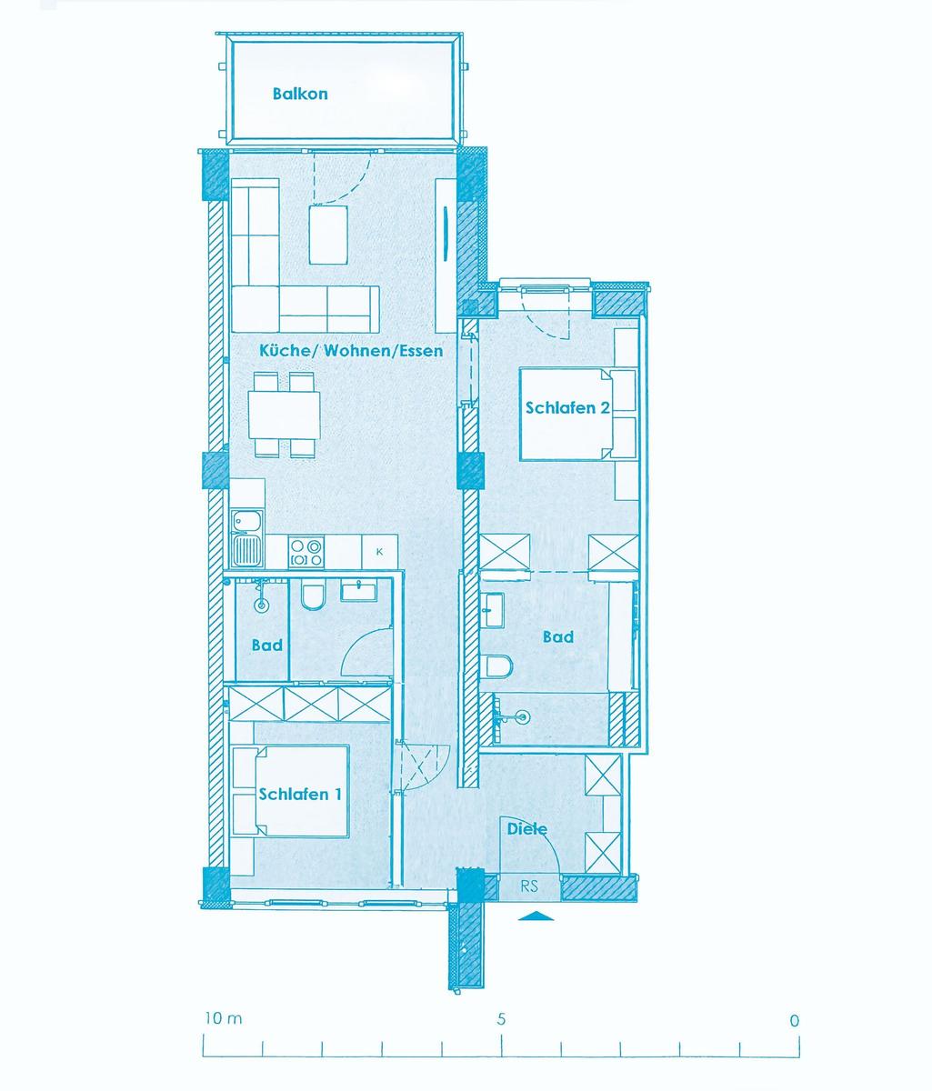 Wohnung mit zwei Schlafzimmern, Küche, Bad und Balkon.