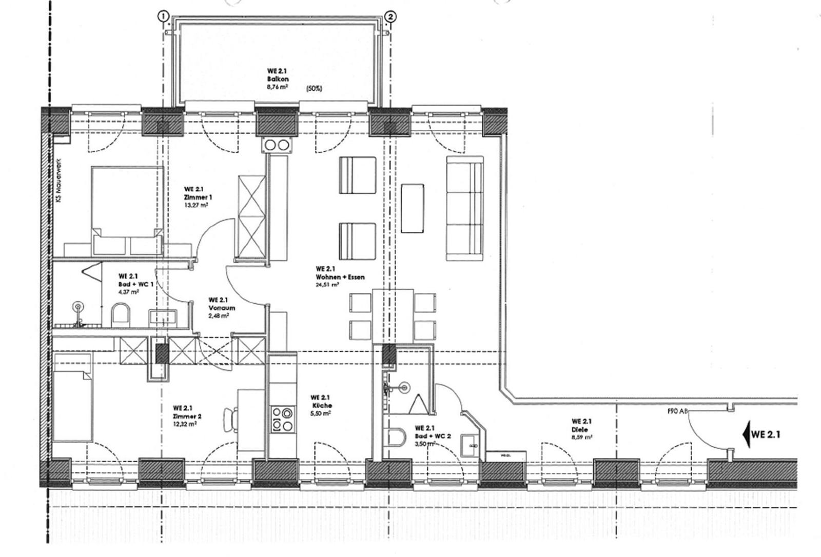 Wohnung mit zwei Schlafzimmern, Küche, Bad und Balkon. Flächenangaben sind eingezeichnet.