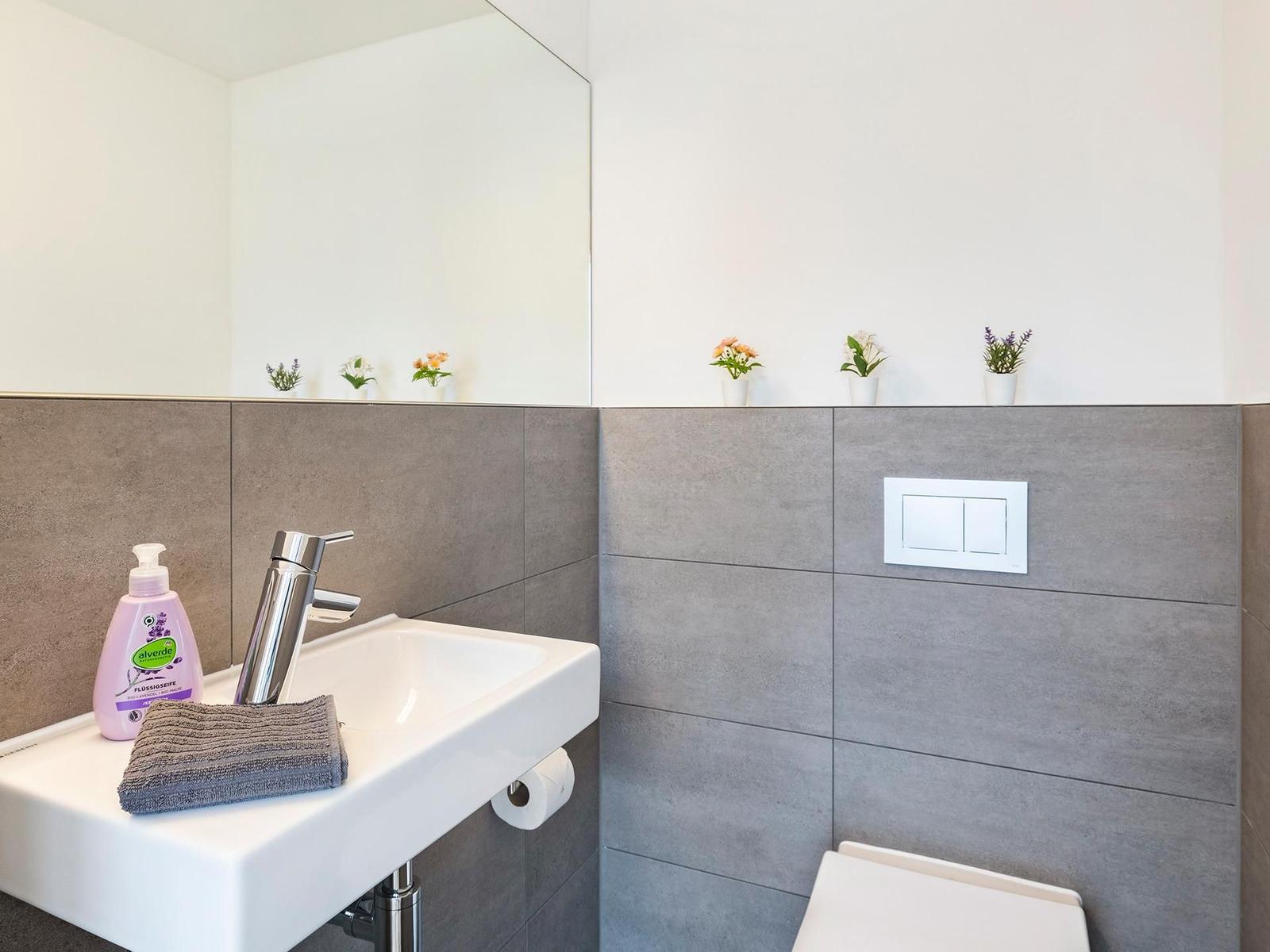 Bad mit Waschbecken, Spiegel und Toilette. Wand mit grauen Fliesen und kleinen Pflanzen.