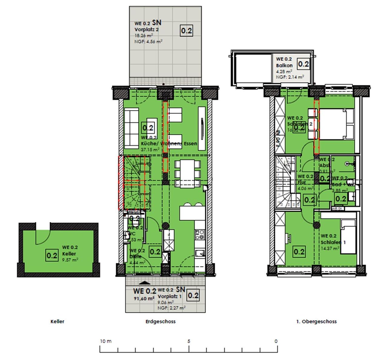 Grundriss zeigt Keller, Erdgeschoss und 1. Obergeschoss mit Räumen und Flächenangaben.